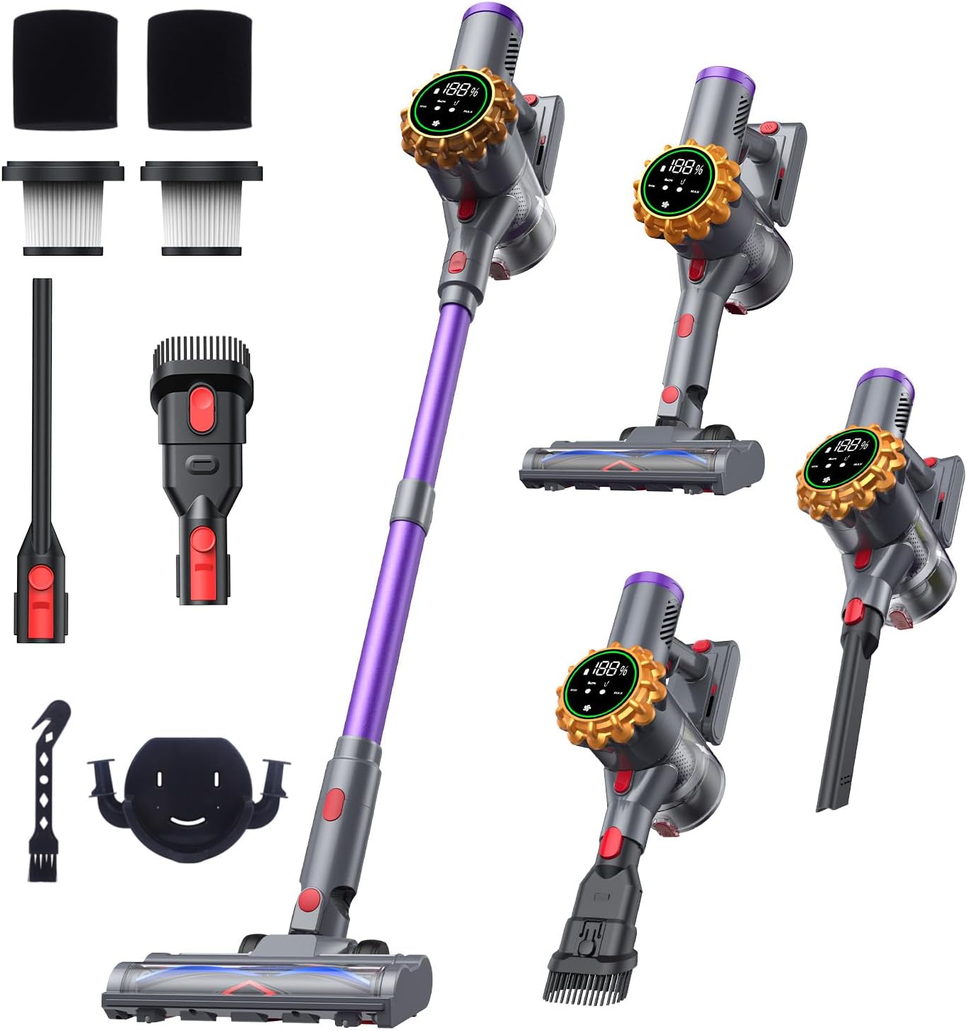 Akku Staubsauger, 50000PA Staubsauger Kabellos mit LED-Display Leichter Akkustaubsauger Selbststehend Handstaubsauger Starker Saugleistung für Tierhaa