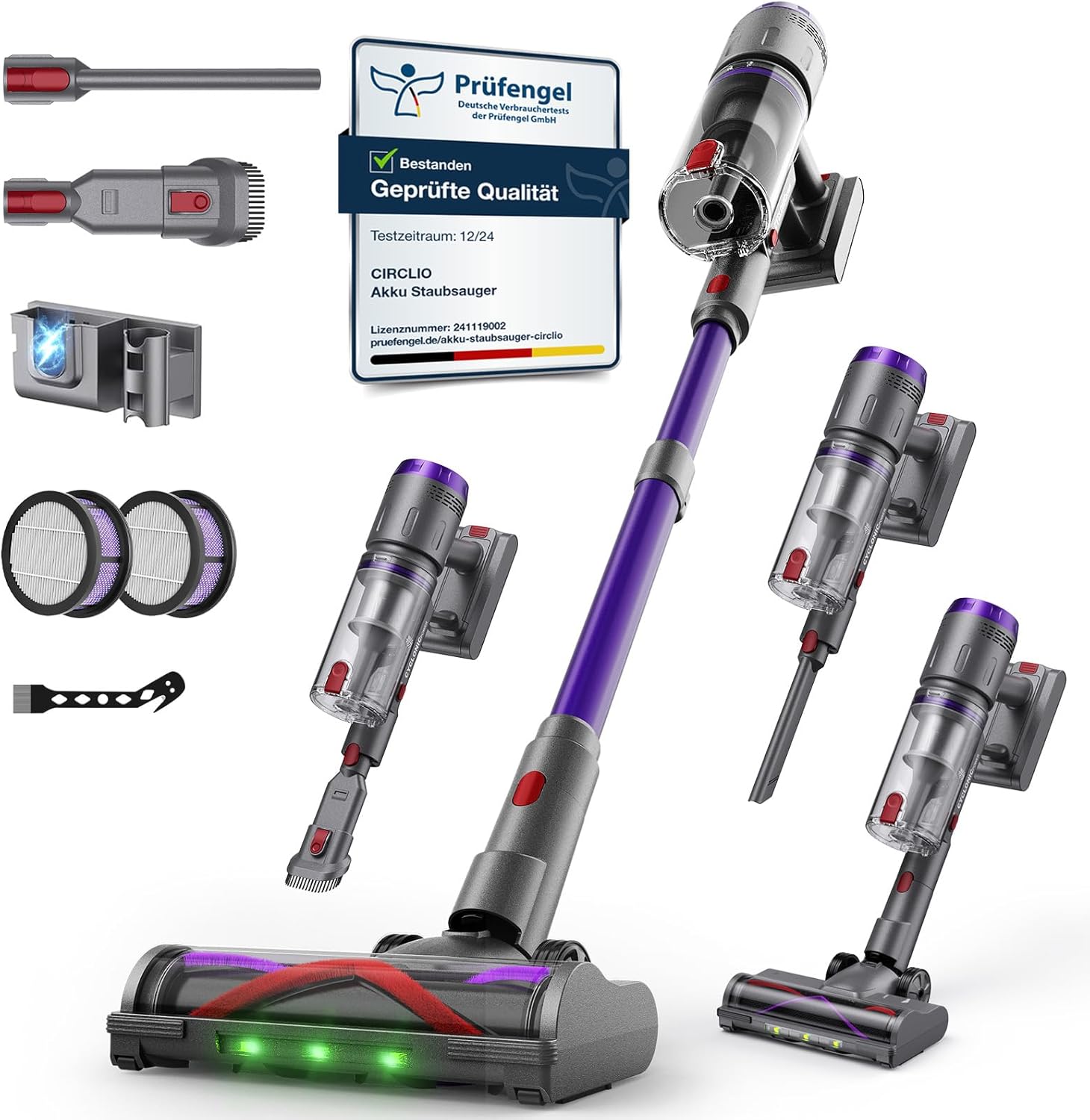 Akku Staubsauger, 600W/58000Pa/75Min, Laufzeit Staubsauger Kabellos mit Smart LED Display und Ladestation, Selbststehender Akkusauger mit Antitanglebü