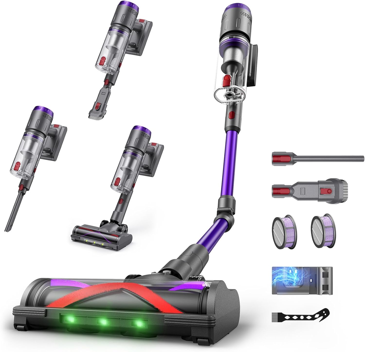 Akku Staubsauger, 600W/58000Pa/75Min, Laufzeit Staubsauger Kabellos mit Smart LED Display und Ladestation, Selbststehender Akkusauger mit Antitanglebü