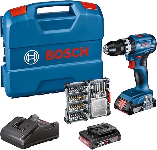 Bosch Professional 18V System Akku Schlagbohrschrauber GSB 18V-45 (Drehzahl 1.900 min⁻¹, inkl. 2x 2.0Ah Akku, Zubehöre, 