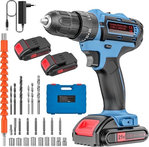 21V Akkuschrauber Set mit Koffer – 2×2000 mAh Akkus, 2-Gang, 25+3 Drehmomentstufen, 10 mm Schnellspannfutter, LED & 24-t