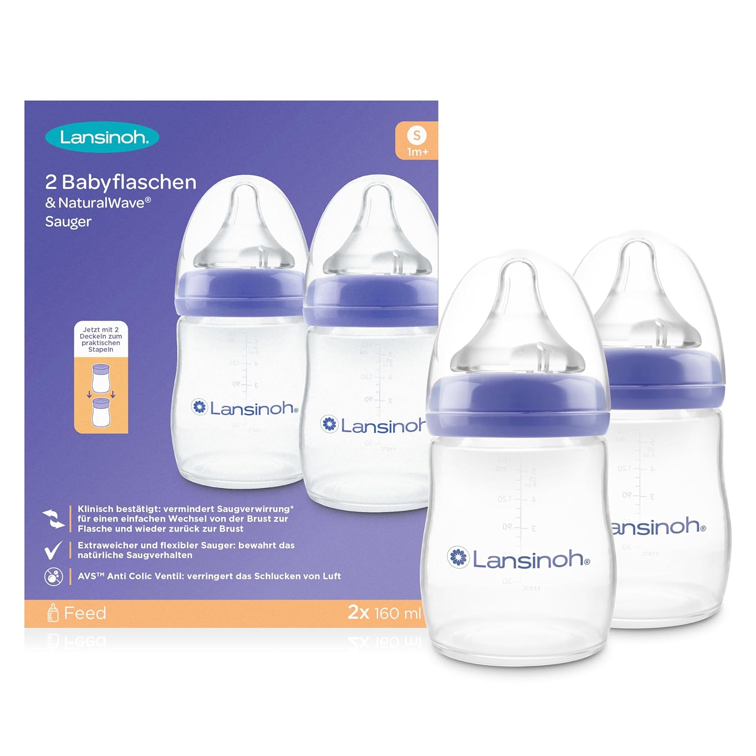 Lansinoh Babyflaschen mit NaturalWave Sauger Gr. S, 160 ml - Doppelpack - neues kompaktes Design für verbesserte Stabilität - mit stapelbarem Deckel