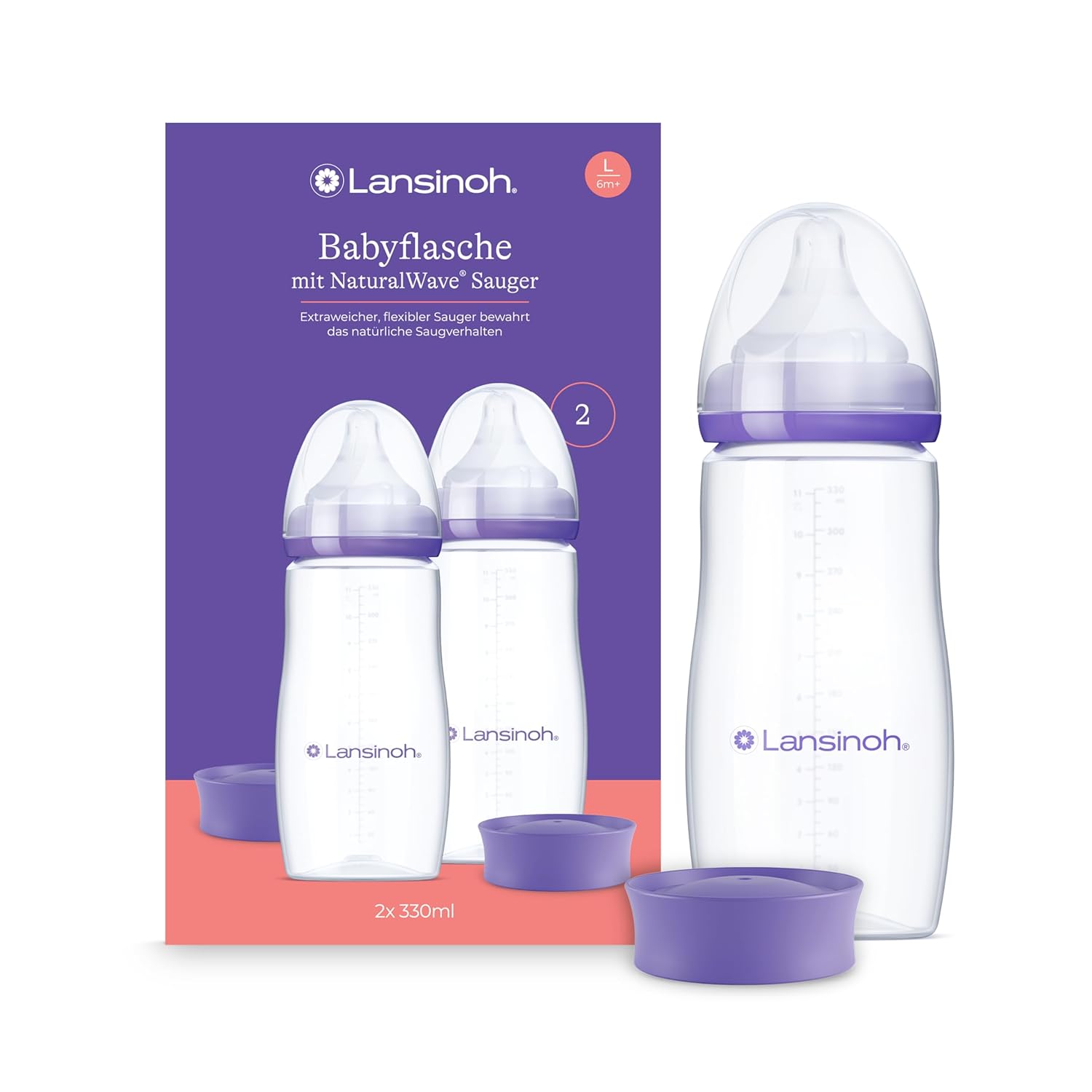 Lansinoh Babyflaschen mit NaturalWave Sauger L, 330 ml - Doppelpack - für Babys ab 6 Monate - Anti Kolik Ventil &amp; BPA frei