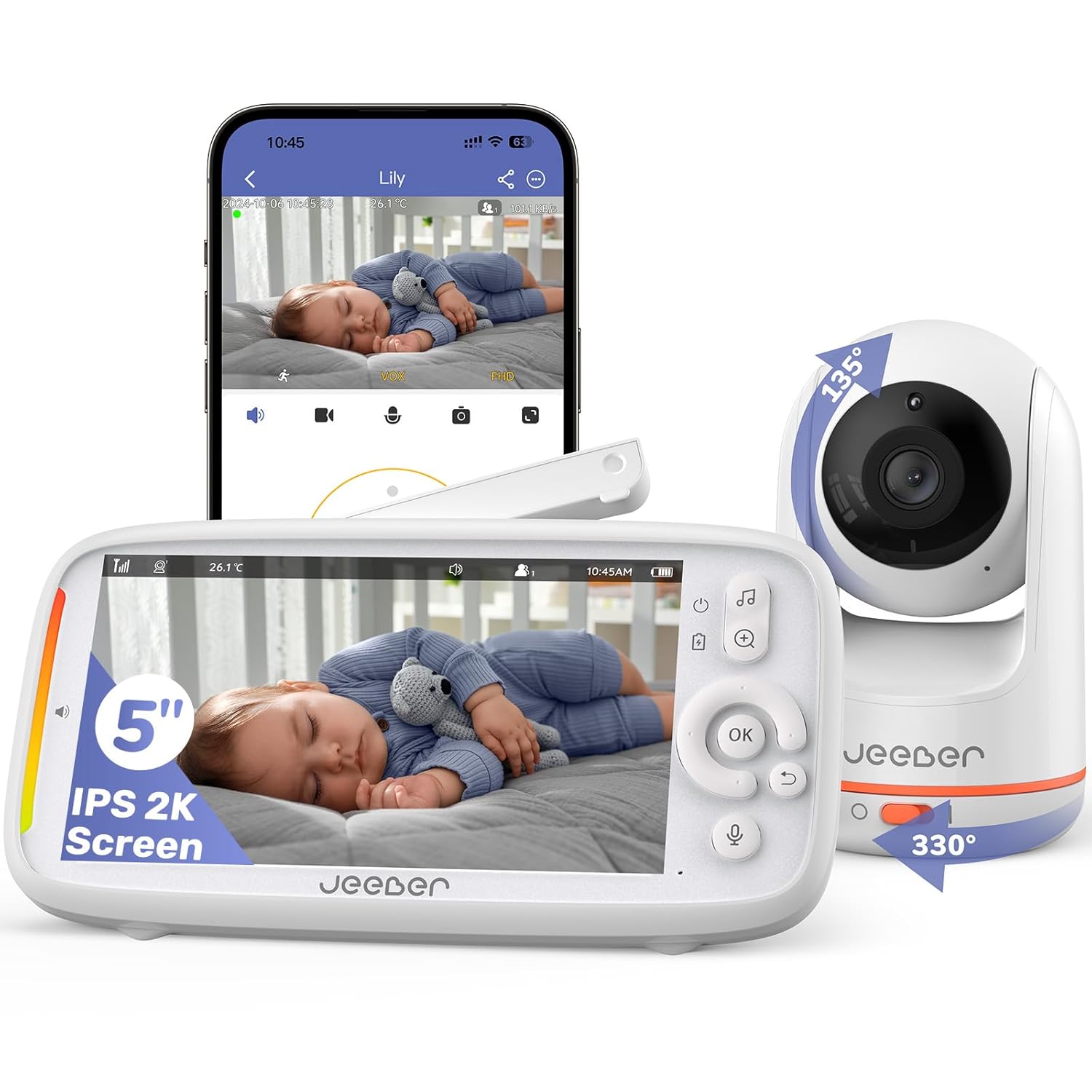 2K/3MP Babyphone mit Kamera APP, 360°, 5" WLAN Video Babyfone, HDR-Nachtsicht, Weinen/Bewegungs/Geräusch-Erkennung, Temperaturanzeige, hohe Reichw