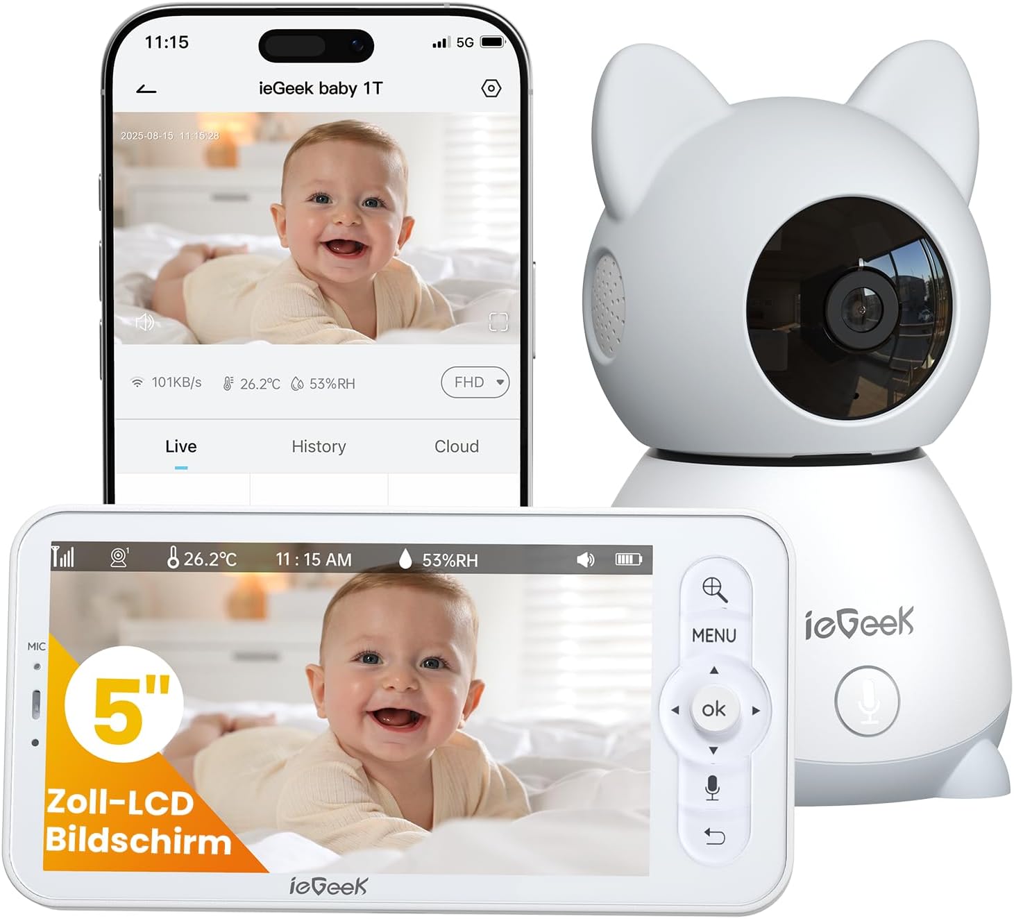 ieGeek 2K-Babyphone mit Kamera und Nachtsicht, 5-Zoll-WLAN-Video-Babyfon, Gegensprechfunktion, Schrei-/Bewegungserkennung, Temperaturerkennung, PTZ, M