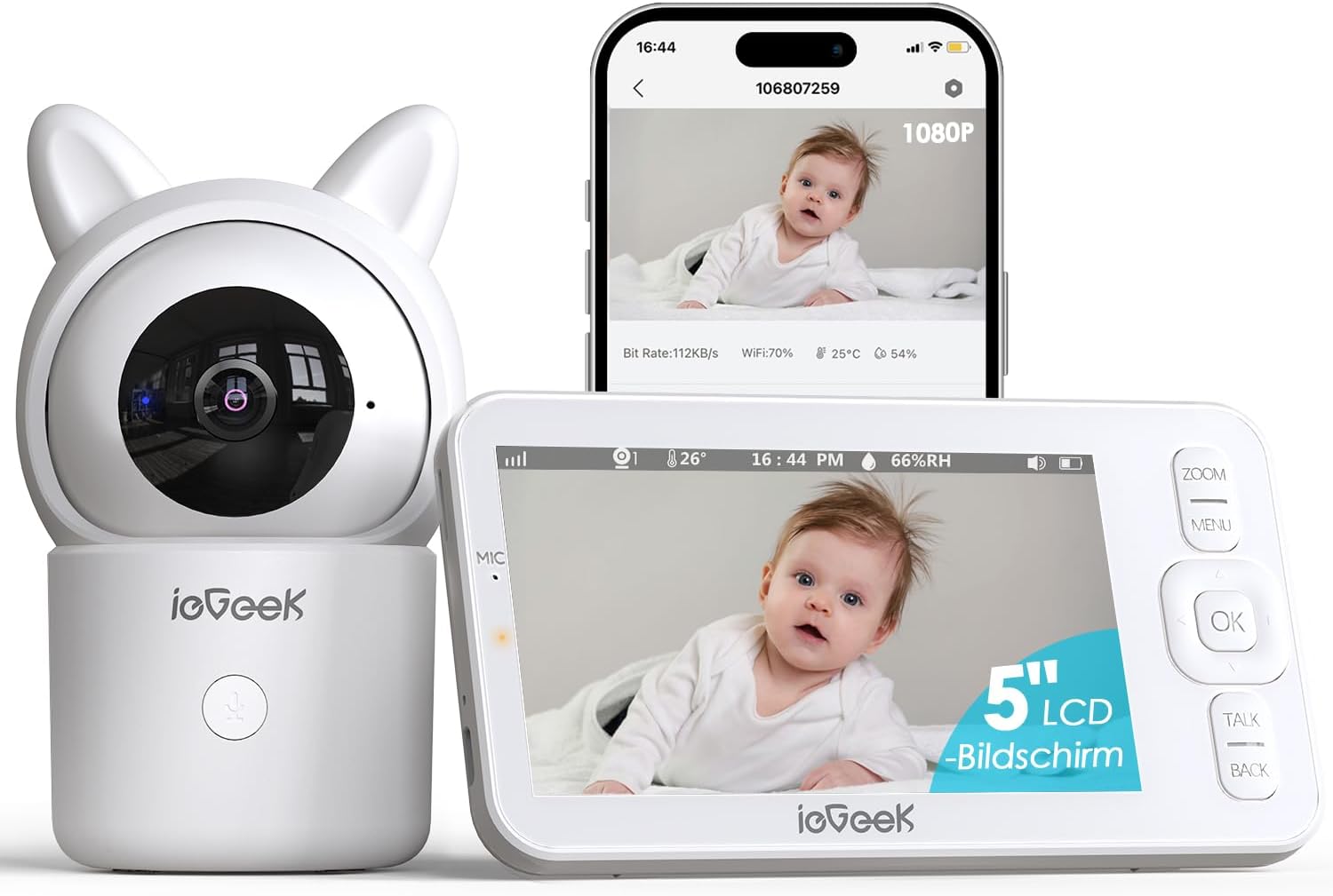 ieGeek Babyphone mit Kamera 1080P, App und 5 Zoll WLAN Video-Babyfon mit PTZ 355°, 4-Fach Zoom, Zonenalarm, Bewegungs-/Geräuscherkennung, Temperatur- 