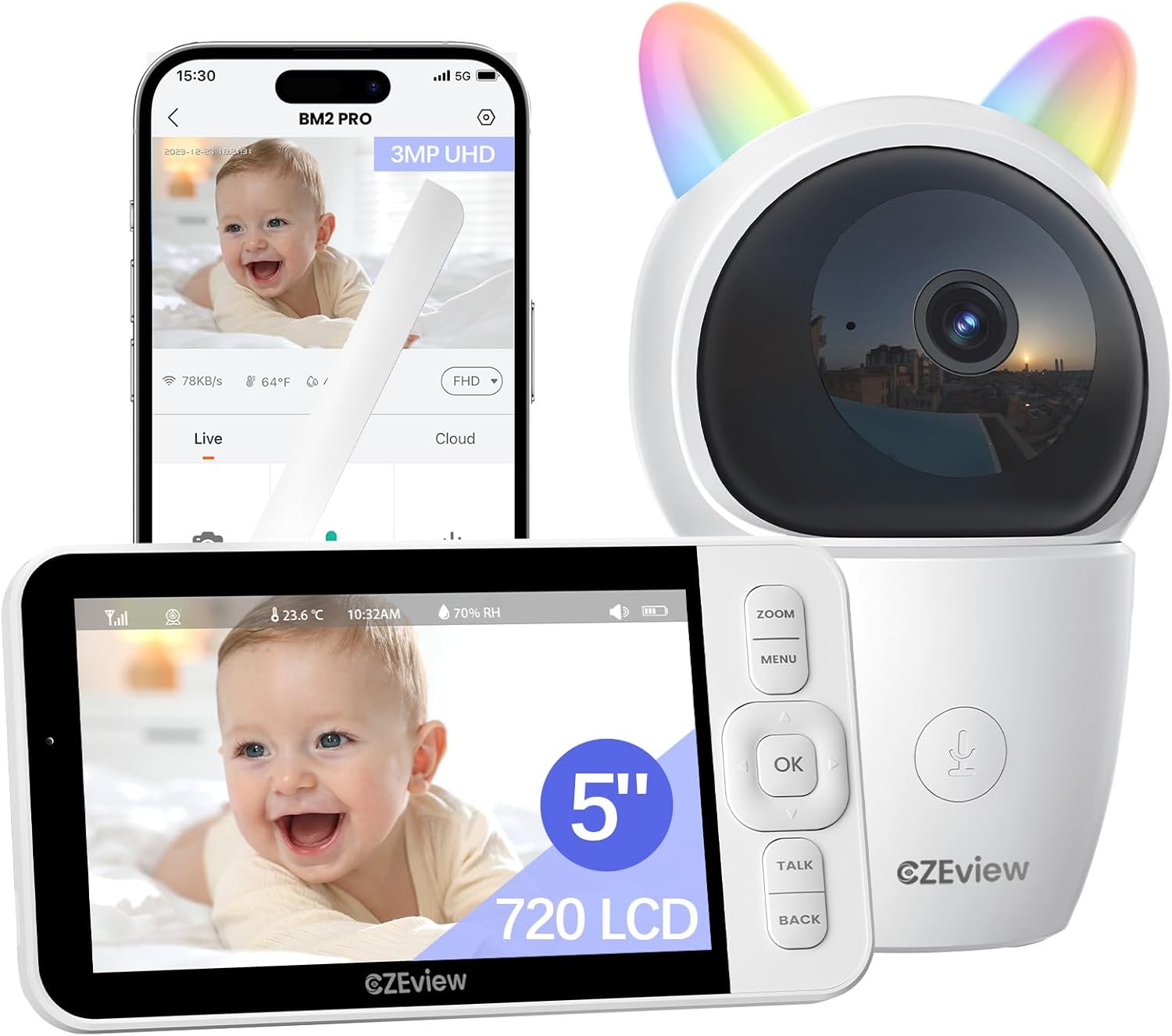 Babyphone mit Kamera, 2K/5,0" HD WLAN Video Babyfon mit App, 360°, 4× Zoom, Nachtsicht, Automatische Verfolgung, Weinen/Bewegungs/Geräuscherkennun