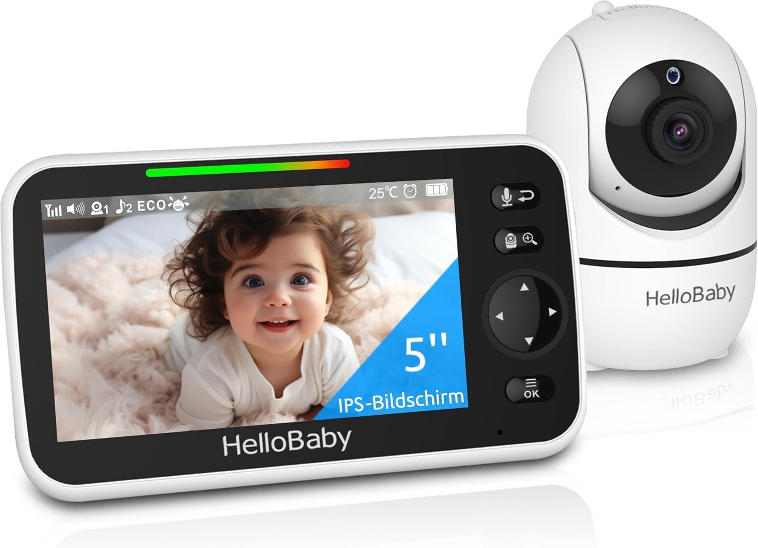 HelloBaby Babyphone mit Kamera, 3500 mAh 5 Zoll Bildschirm, Kabelgebundene Kamera, 355° Schwenken-120° Neige-Zoomen, Babyfone ohne WLAN, 2 Wege Audio,