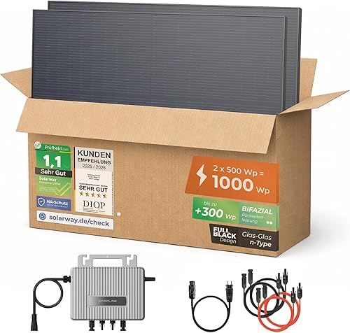Solarway® 1000Wp / 800W Balkonkraftwerk komplett Steckdose - neuester EcoFlow Stream 800 Watt Wechselrichter - Solaranlage Komplettset