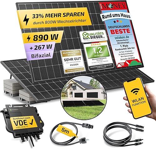 900W Balkonkraftwerk mit Halterung - Balkonkraftwerk 800W komplett Steckdose - 800 Watt Wechselrichter - Solaranlage Komplettset - 450W bifaziale Solarmodule