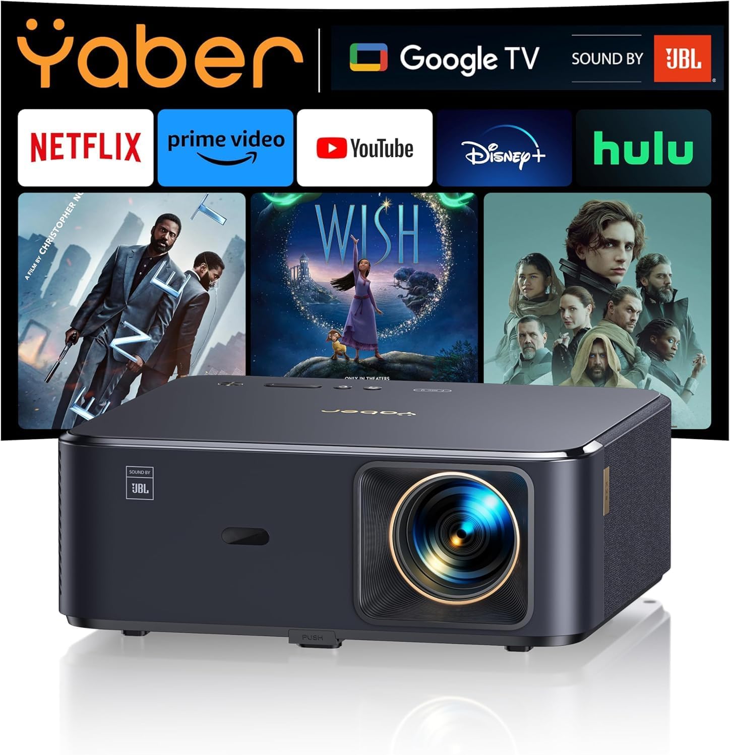 Beamer 4K mit Android TV 11.0, Sound by JBL, Dolby Audio, NFC, Autofokus, Auto Trapezkorrektur, WiFi6, Bluetooth, YABER K2s 1080P Full HD Beamer Heimk