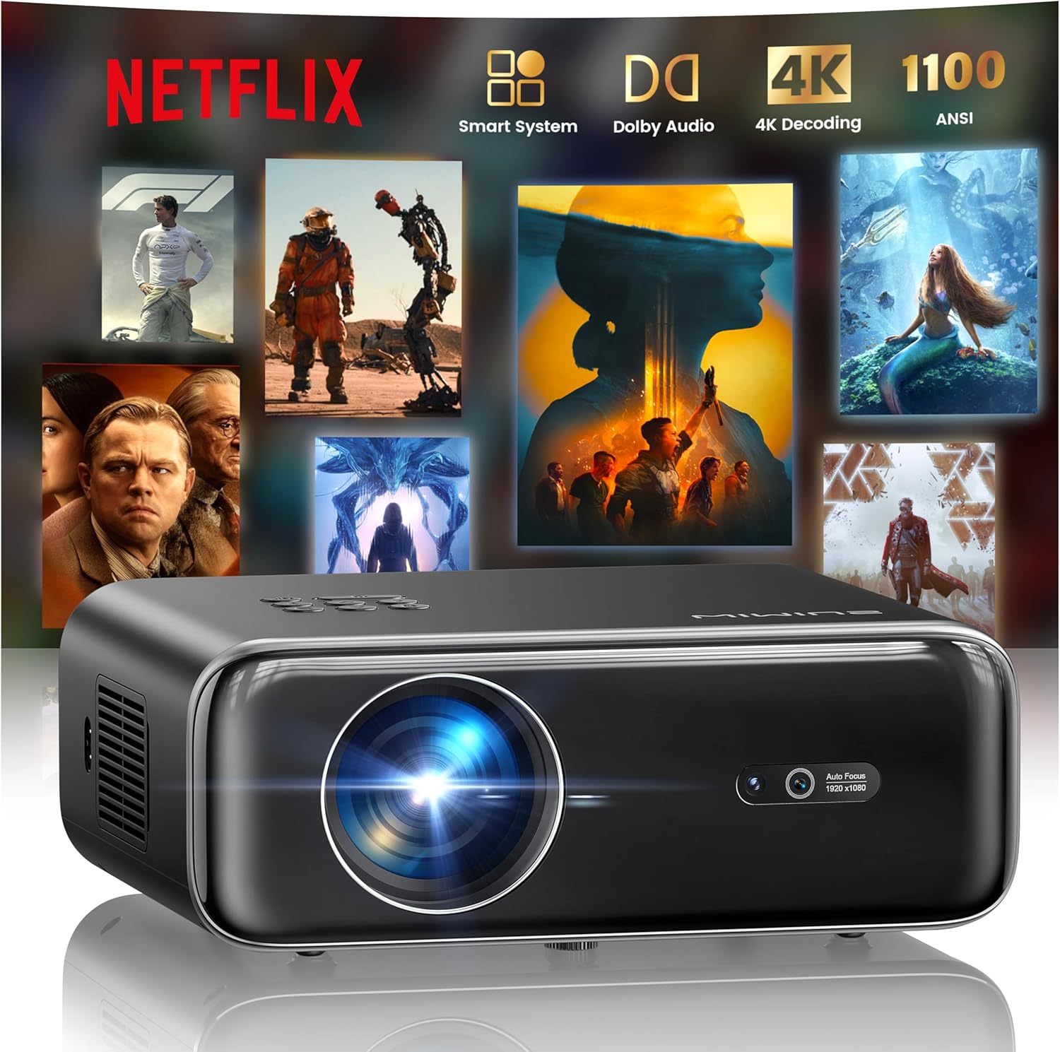 Smart Beamer, jetzt mit Netflix, Dolby Audio, WiMiUS 1100 ANSI Autofokus/6D Trapezkorrektur Led Beamer 4K Heimkino Unterstützt, WiFi Bluetooth Full HD