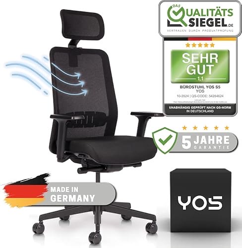 YOS S5 | Ergonomischer Bürostuhl gegen Rückenschmerzen | Netzrücken mit Lordosenstütze | Kopfstütze gegen Nackenschmerze