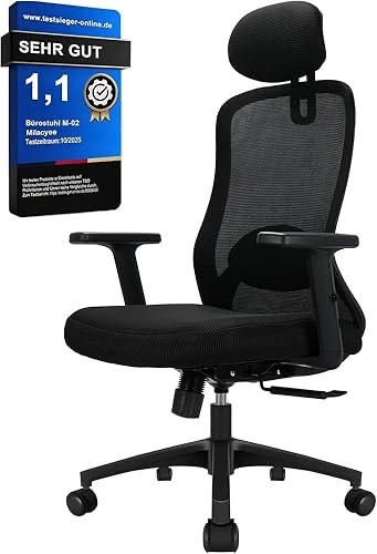 Bürostuhl, Ergonomischer Bürostuhl mit Verstellbarer 4D Lendenwirbelstütze, Schreibtischstuhl mit Kopfstütze, Drehstuhl 