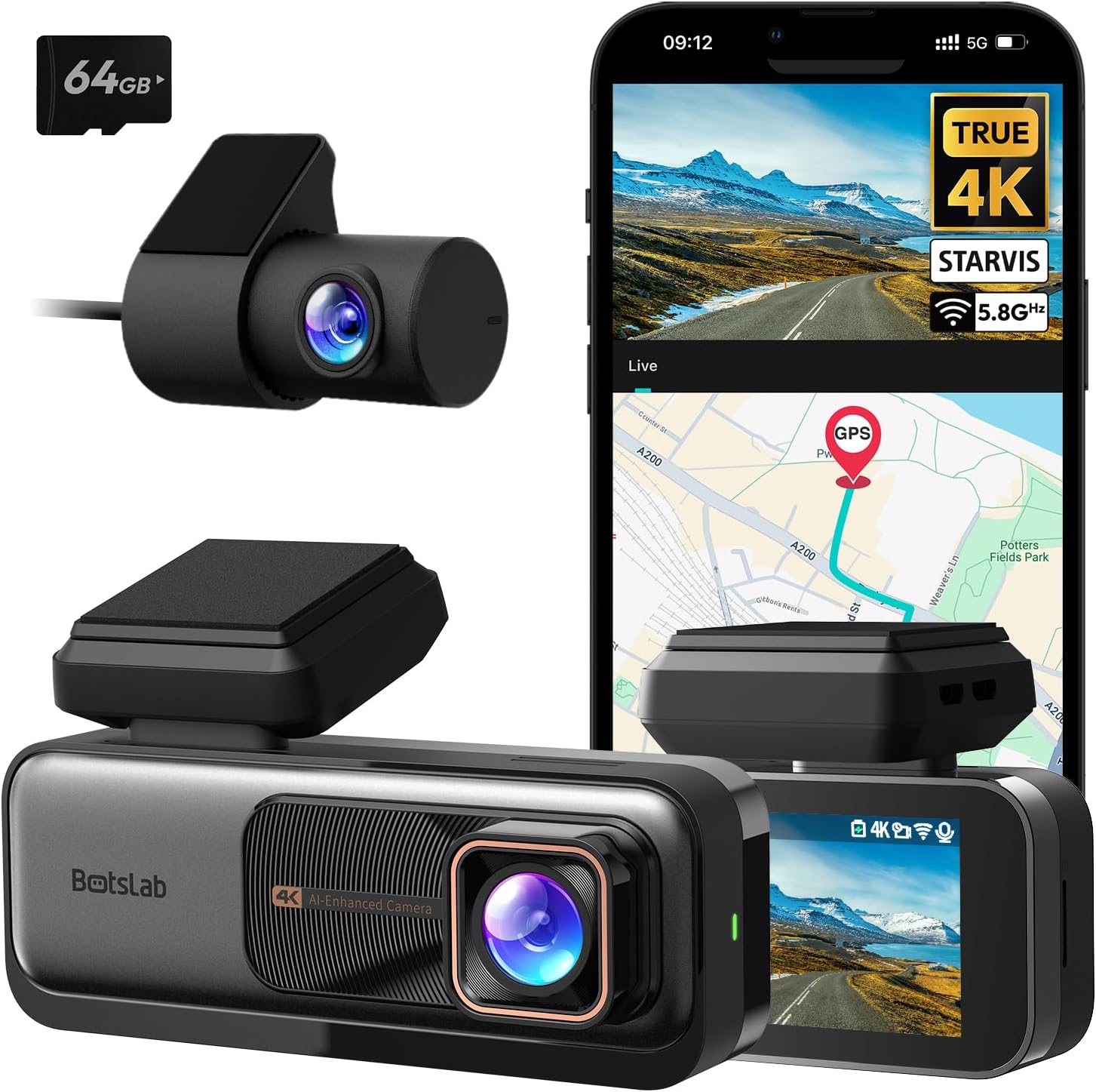 BOTSLAB Dashcam Auto Vorne Hinten, 4K Dashcam Auto GPS mit WiFi, Dual Autokamera mit 64GB SD Karte, ADAS, Nachtsicht, 170°Weitwinkel, WDR, 2,45" I