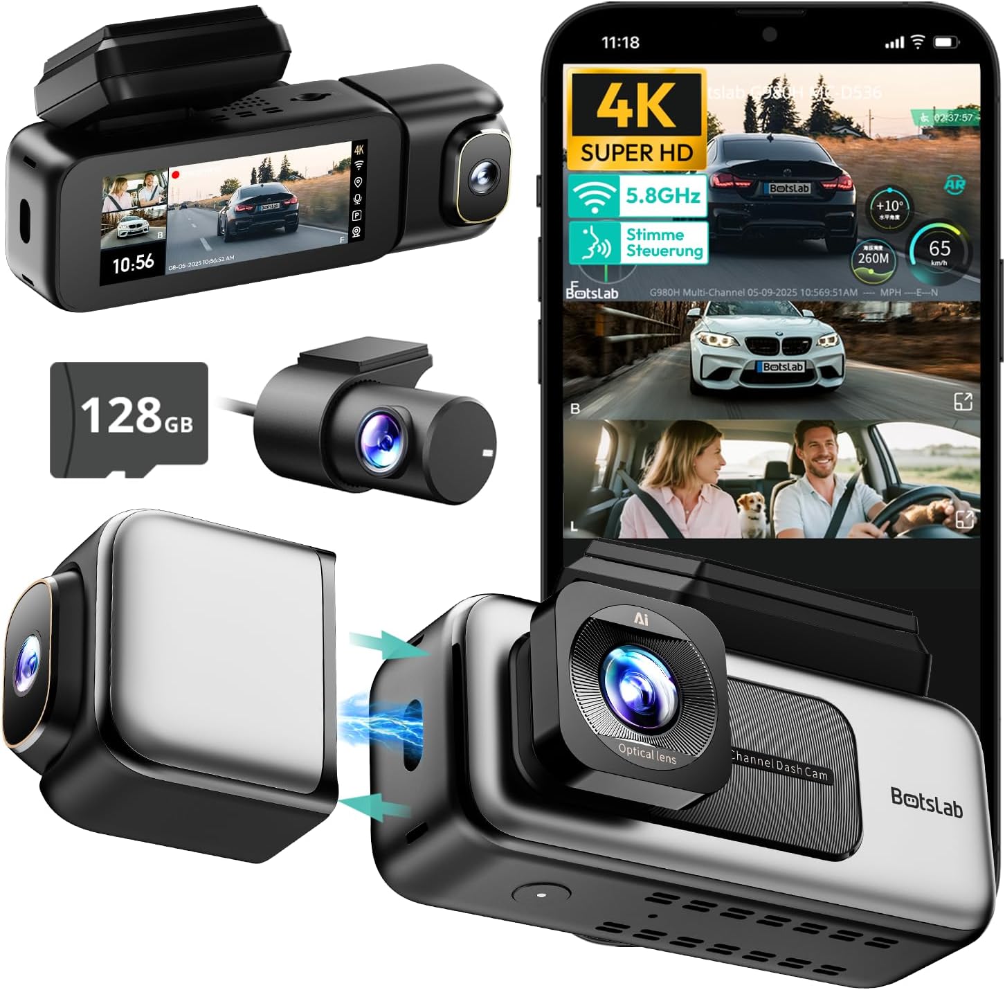BOTSLAB 4K 3-Kanal Dashcam Auto Vorne Hinten, 3 Channel 4K+1080P+1080P, GPS 5.8GHz WiFi Dash Cam mit 128GB SD Karte, 3.18",Super Nachtsicht,WDR, S