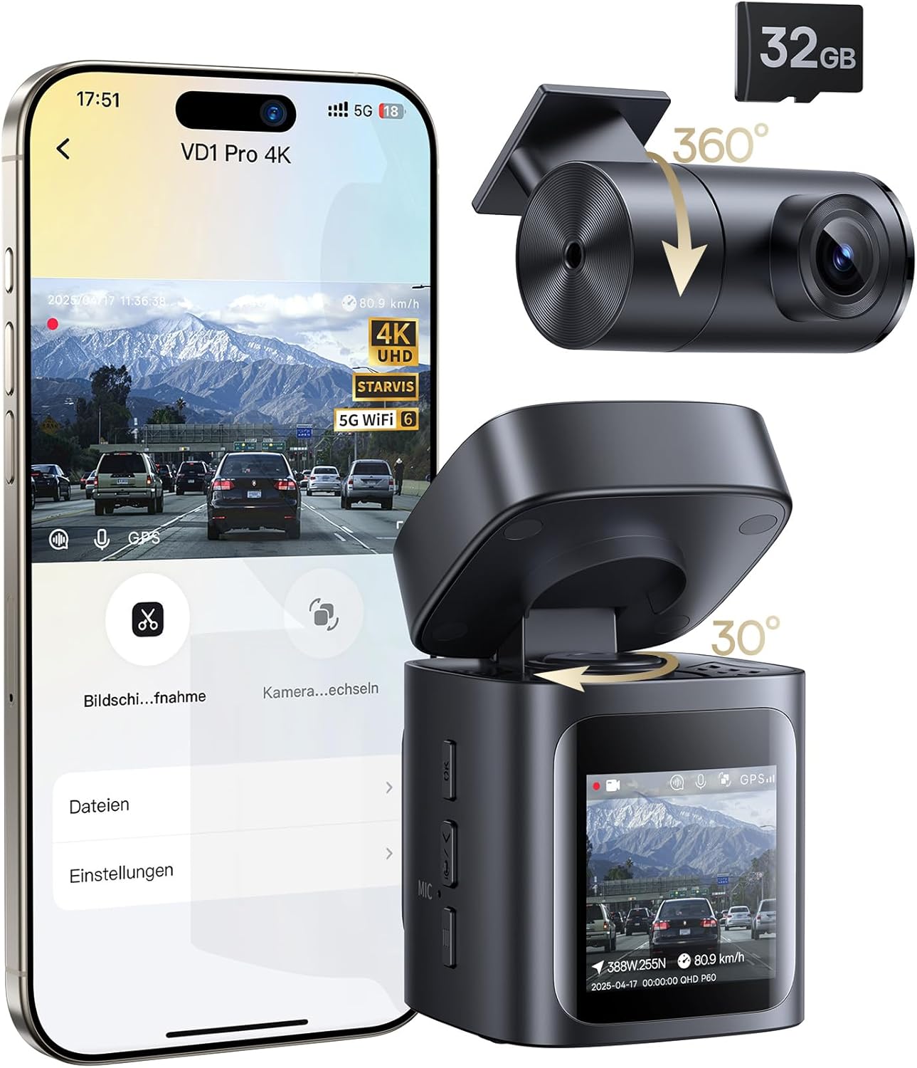 Baseus VD1 Pro Dashcam Auto Vorne Hinten 4K+1080P, Solar-Dashcam mit 14-Tägiger Batterie-Standby-Parkmodus, Dash Camera Auto mit Akku, STARVIS Nachtsi