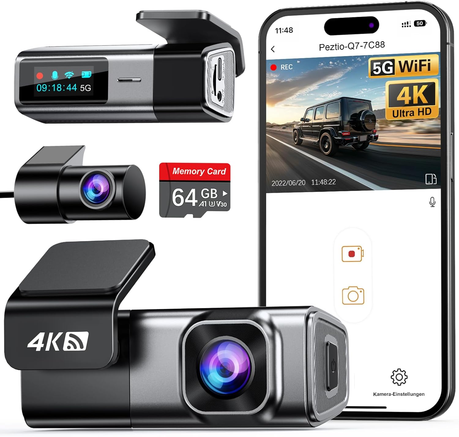 Dashcam Auto Vorne Hinten 4K+1080P, Navycrest 5GHz WiFi Dash Cam mit 64GB SD Karte, Dual Auto Kamera mit Super Nachtsicht, WDR, G-Sensor, 24/7 Parkübe