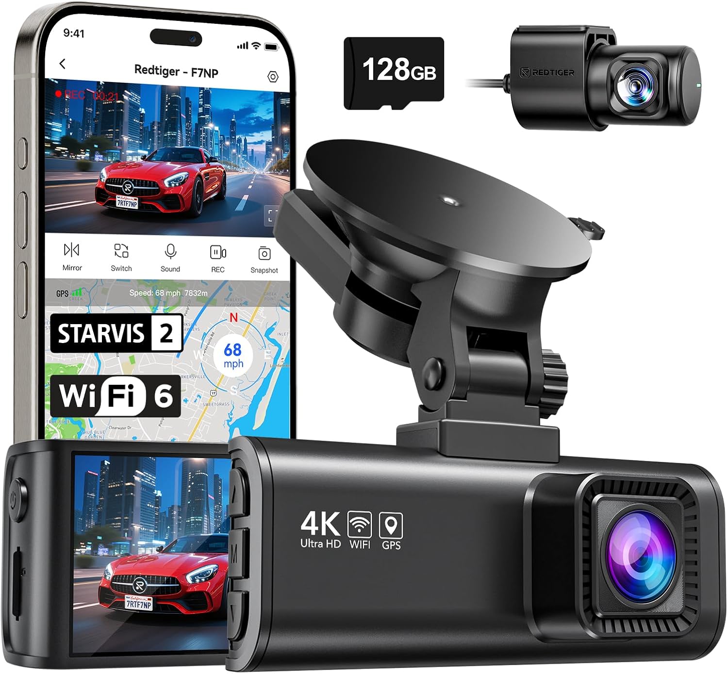 REDTIGER Dashcam Auto Vorne Hinten 4K/2,5K mit STARVIS 2, Dash Cam Auto Kamera 3,18" IPS-Bildschirm, kostenlose 128-GB-Karte,5.8GHz WiFi, GPS, 170