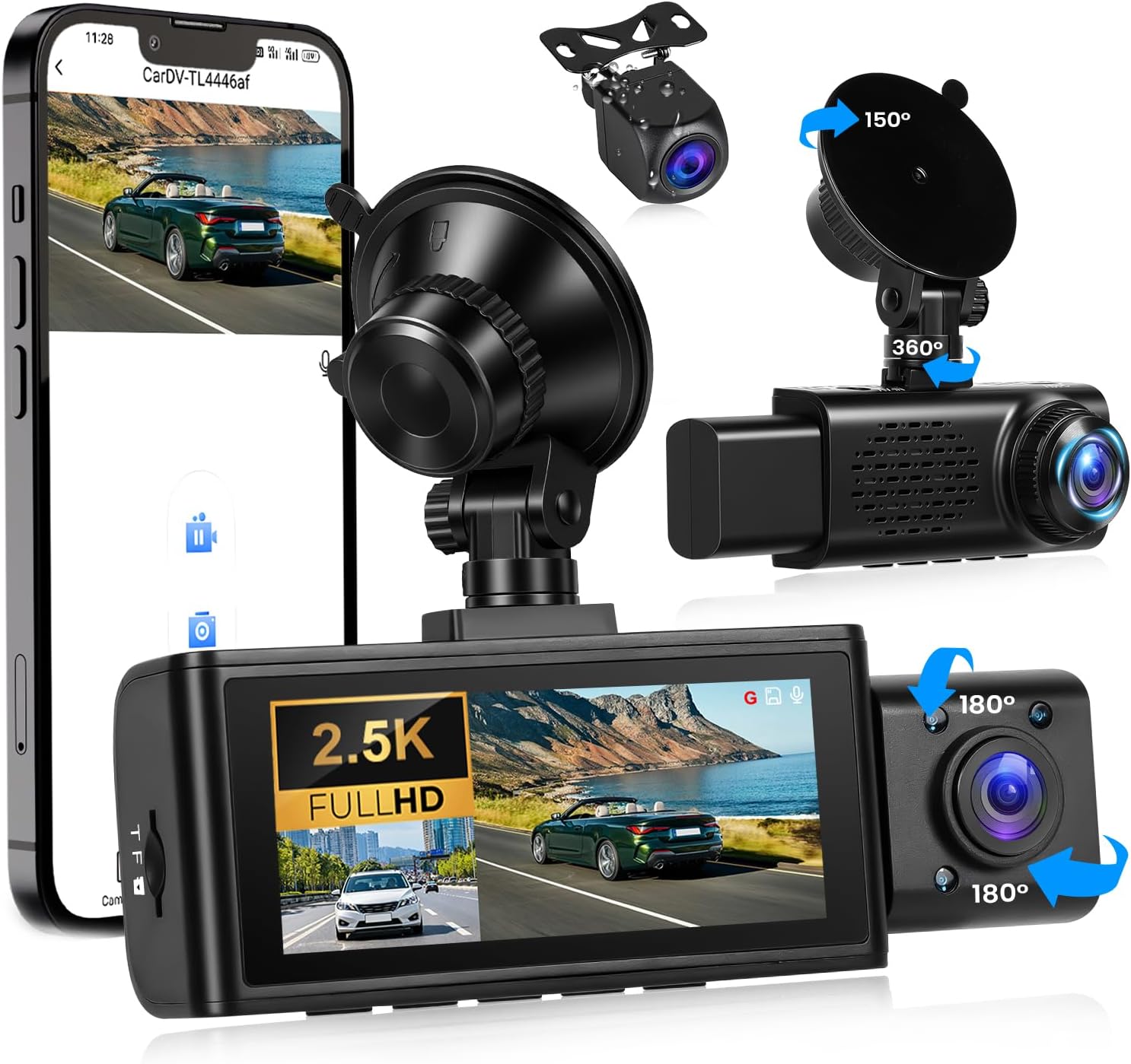 CAMECHO 3 Kanal Dashcam Auto, 2.5K Dash Cam Auto Kamera mit 3 Auto kameras, 3.16“ IPS Bildschirm Nachtsicht Dashcam, Dashcam für Autos mit GPS, G-Sens