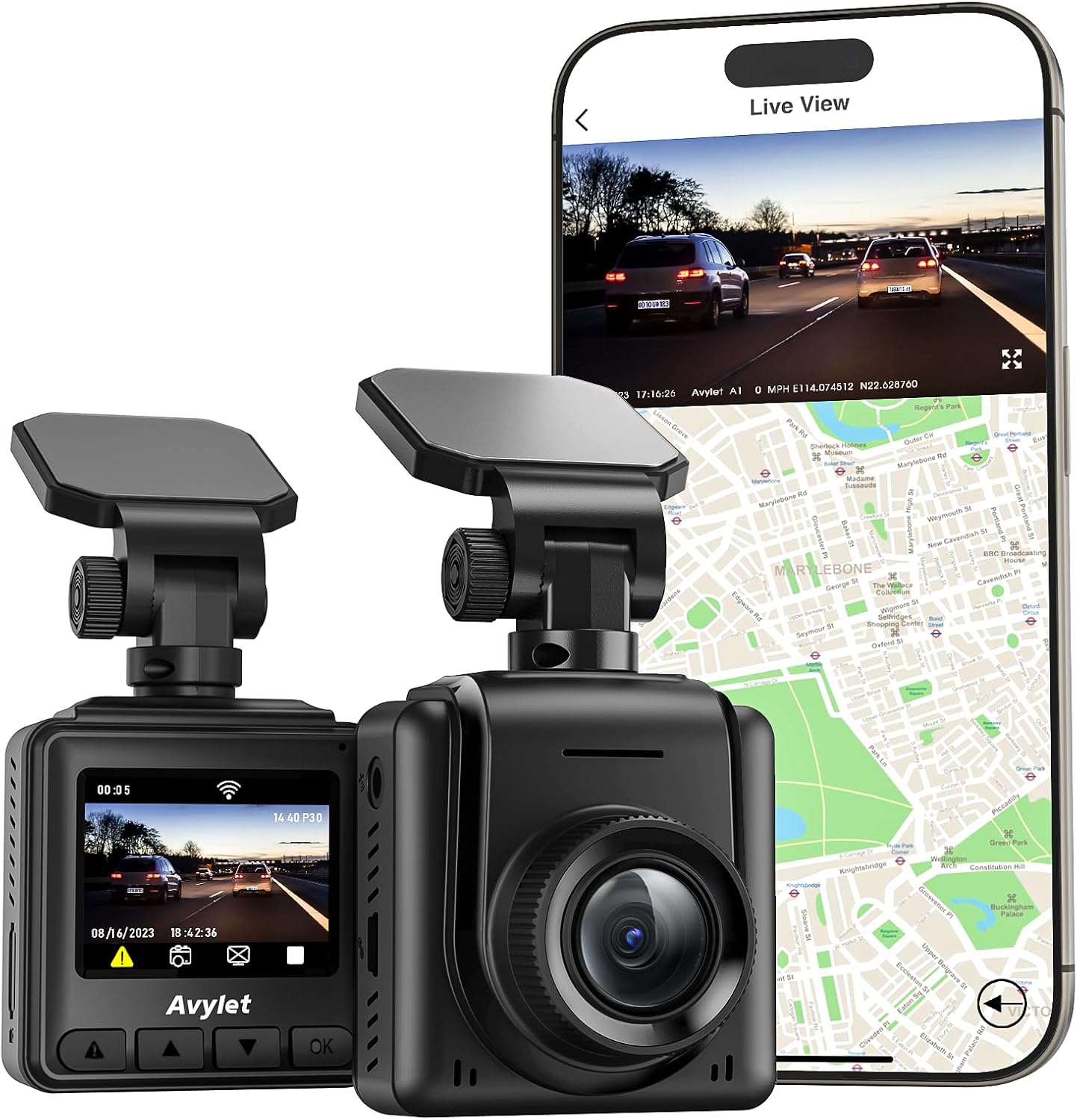 Avylet Dashcam Auto 2K, 1440P WiFi Dash Cam, Mini Vorne Autokamera Unterstützt externes GPS, 1.5" IPS-Bildschirm, APP, Super Nachtsicht, WDR, 24/7