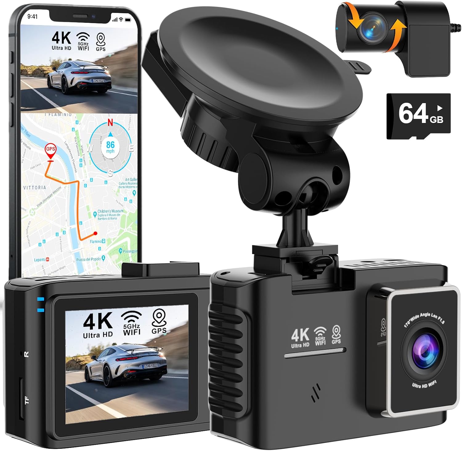 Dashcam Auto Vorne Hinten 4K, 5GHz WiFi Dash Cam mit GPS, 2.0" IPS, 170°Weitwinkel, Dual Auto Kamera mit 24Std Parküberwachung, Super Nachtsicht, 