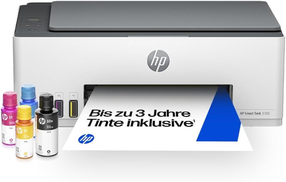 HP Smart Tank 5105 3-in-1 Multifunktionsdrucker (WLAN; Mobiles Drucken) – 3 Jahre Tinte inklusive, 3 Jahre Garantie, großer Tintentank, hohe Reichweit