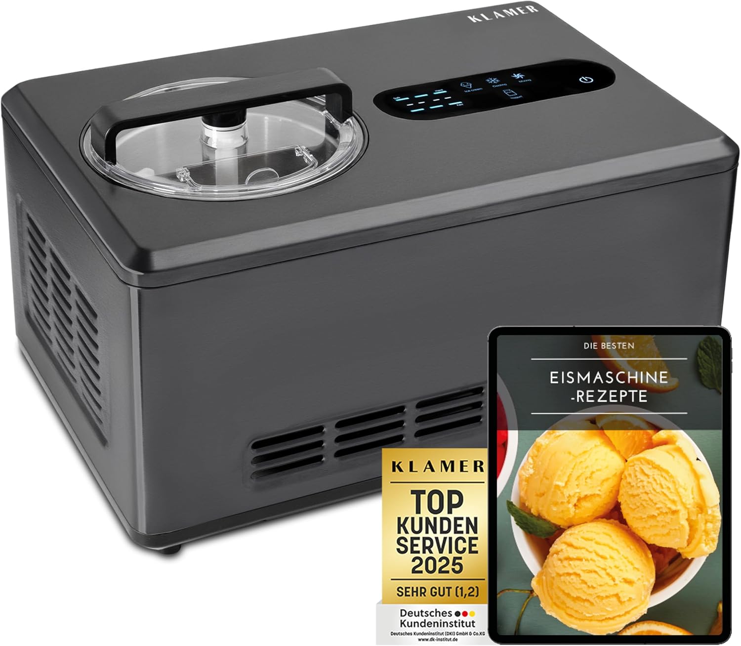 KLAMER 2-in-1 Eismaschine &amp; Joghurtbereiter 2 L, 220 W Eiscrememaschine aus Edelstahl mit Kühl- und Heizfunktion, hausgemachtes Speiseeis mit selb