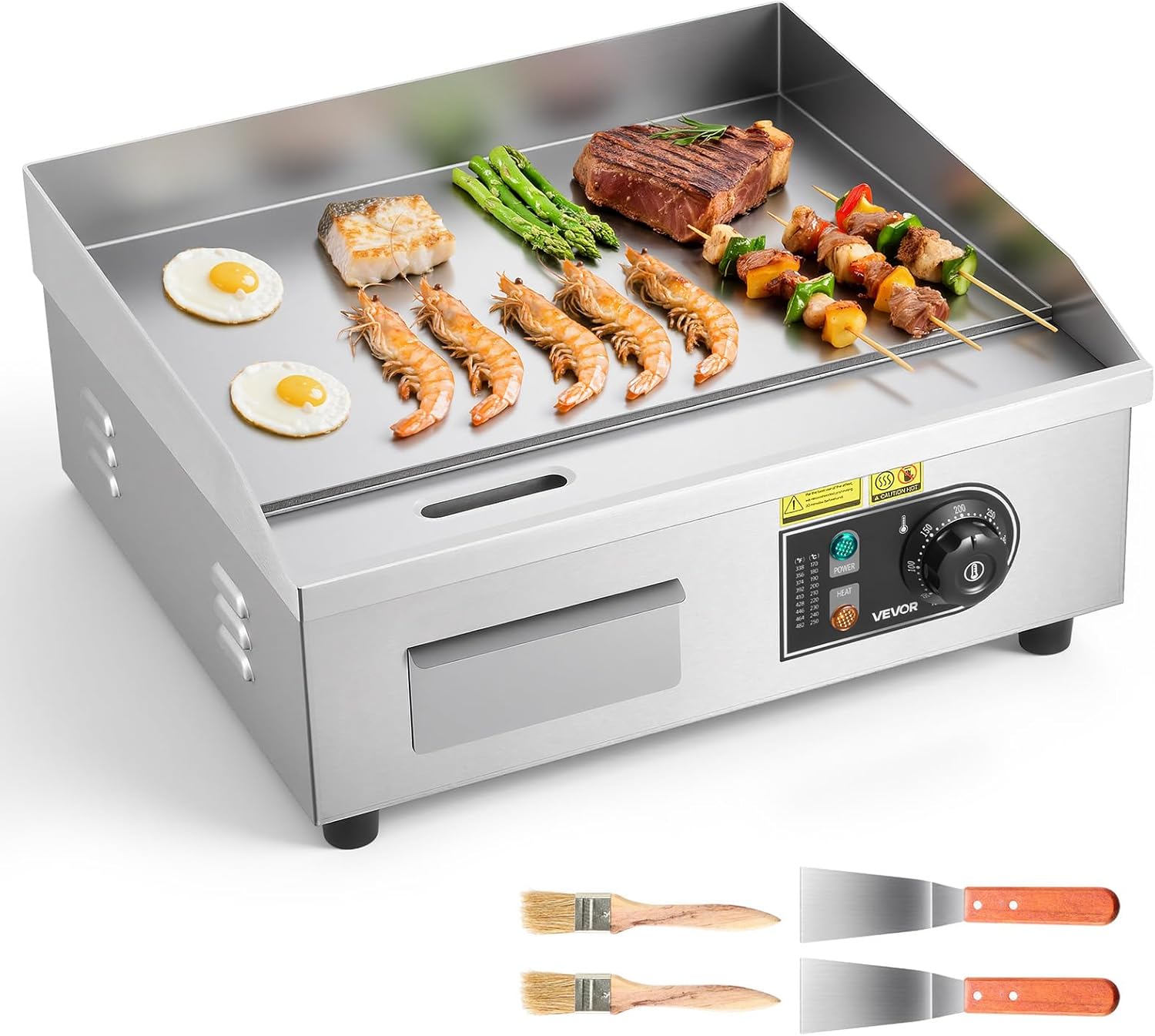 VEVOR Kommerzielle Grillplatte Elektrisch 45 x 30 cm, Bratplatte Elektrogrill 2800 W, Tischgrillplatte 50–300 °C mit 2 Spateln, 2 Bürsten und 4 Fußpol