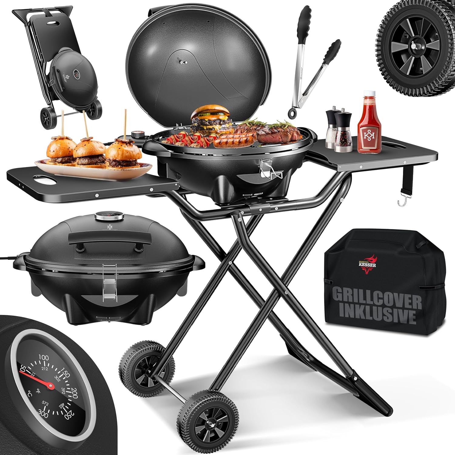 KESSER® elektrischer Elektrogrill 2in1 Tischgrill - Standgrill mit Deckel | max. 2400 Watt | Faltbar | Thermostat | Antihaftbeschichtung | Grillplatte
