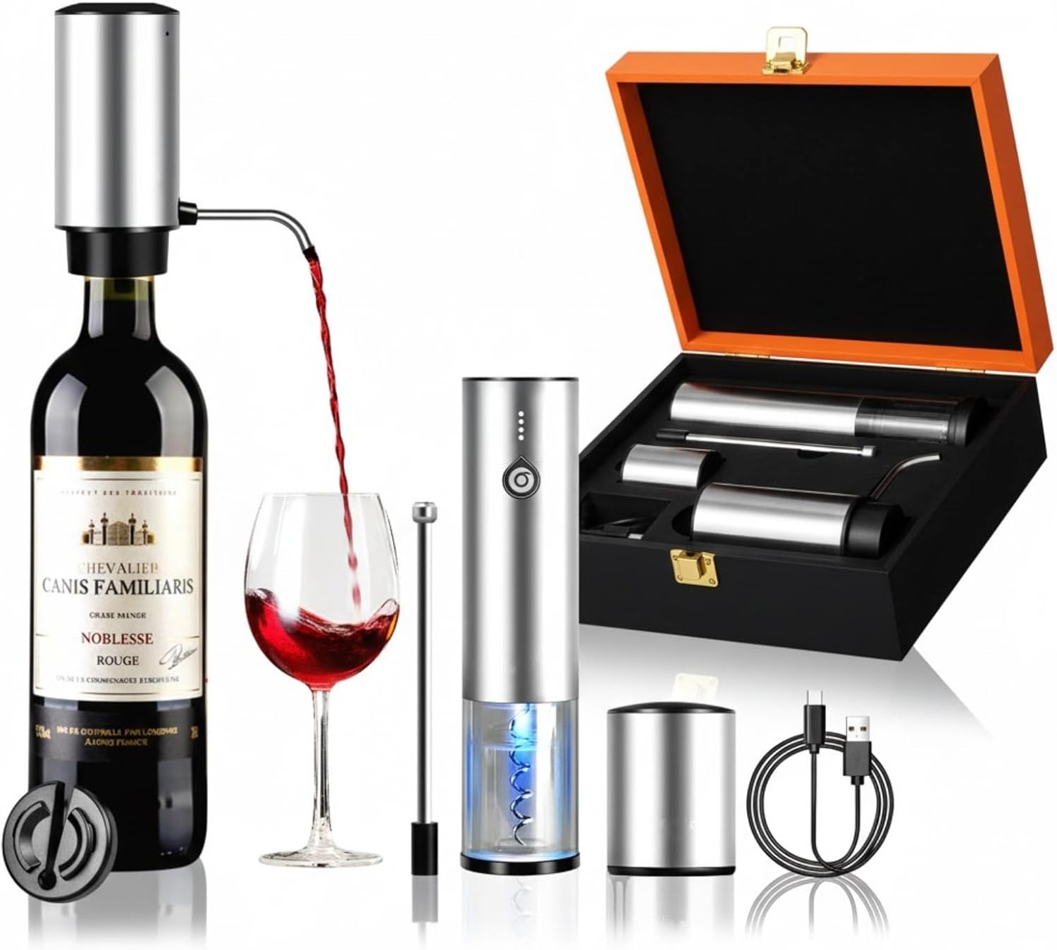 Elektrischer Korkenzieher, 4-in-1 Weinöffner Set mit Automatischem Flaschenöffner &amp; Wiederaufladbarem Weinbelüfter, Vakuumstopfen, Folienschneider