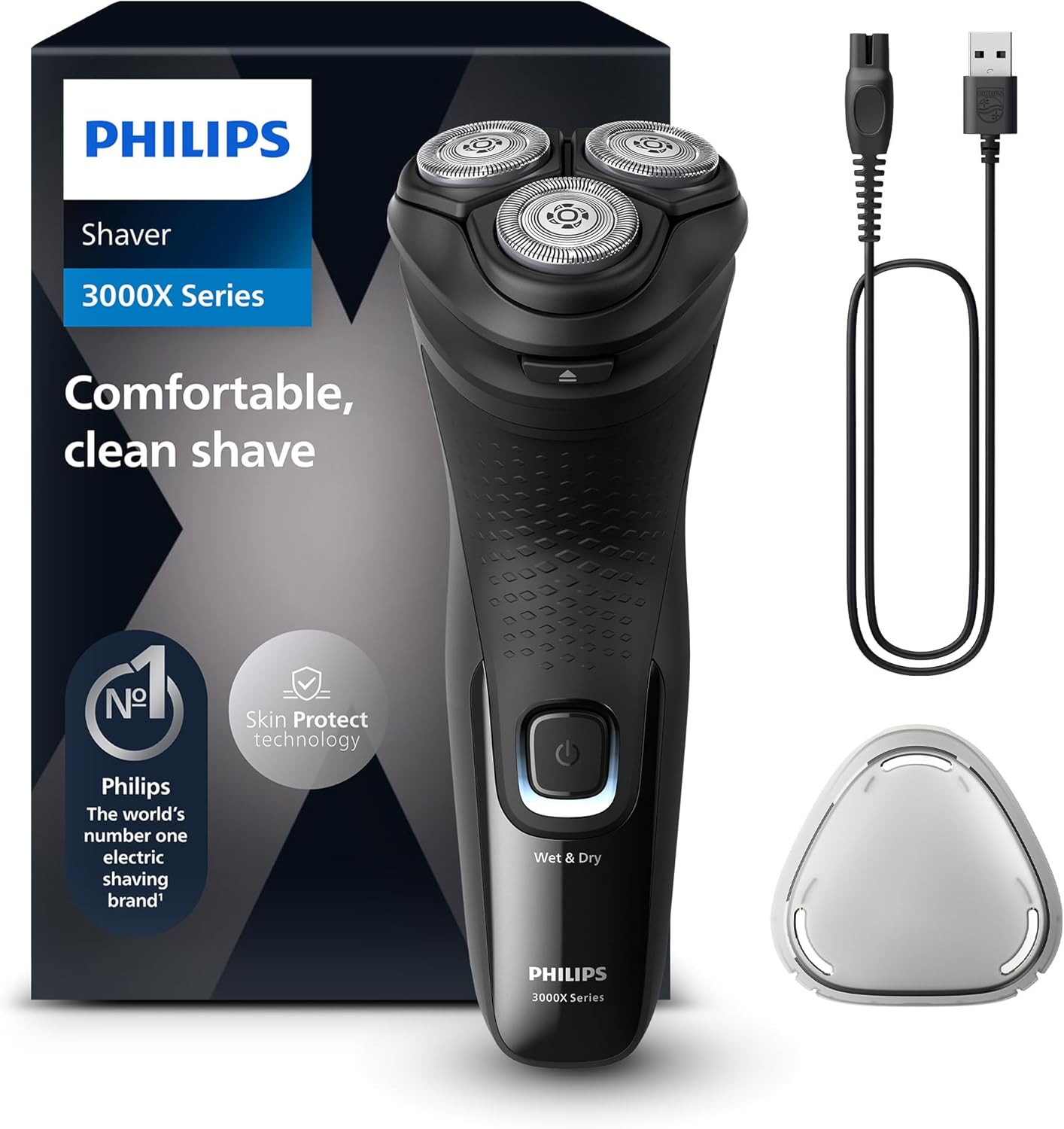 Philips Shaver Series 3000X – Elektrischer Rasierer für Herren in Schwarz, Nass- und Trockenrasur, mit SkinProtect-Technologie, ausklappbarem Bartschn