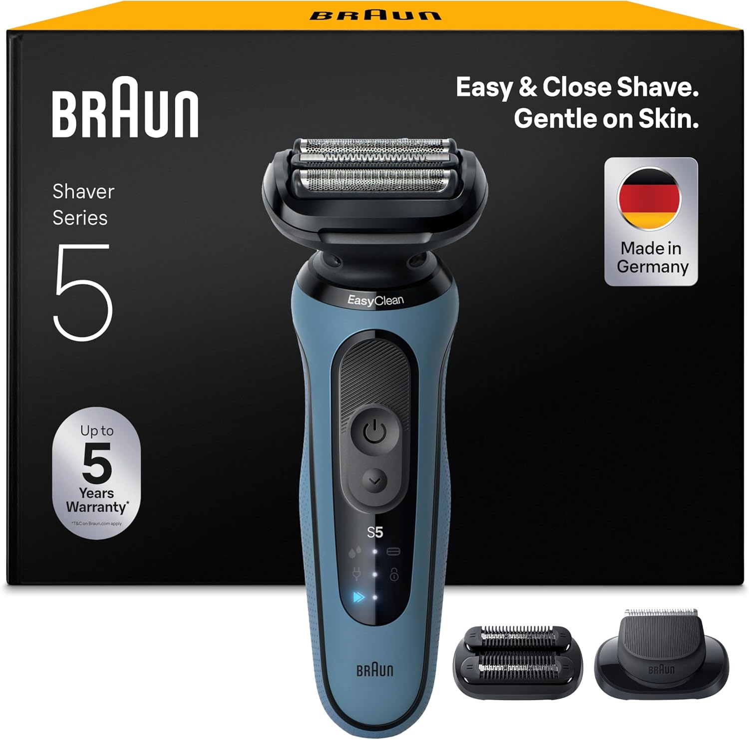 Braun Series 5 Elektrorasierer Herren, Rasierapparat mit 50 Min. Akkulaufzeit, +2 Aufsätze, Kabelloser Nass- und Trockenrasierer für Männer, Made in G