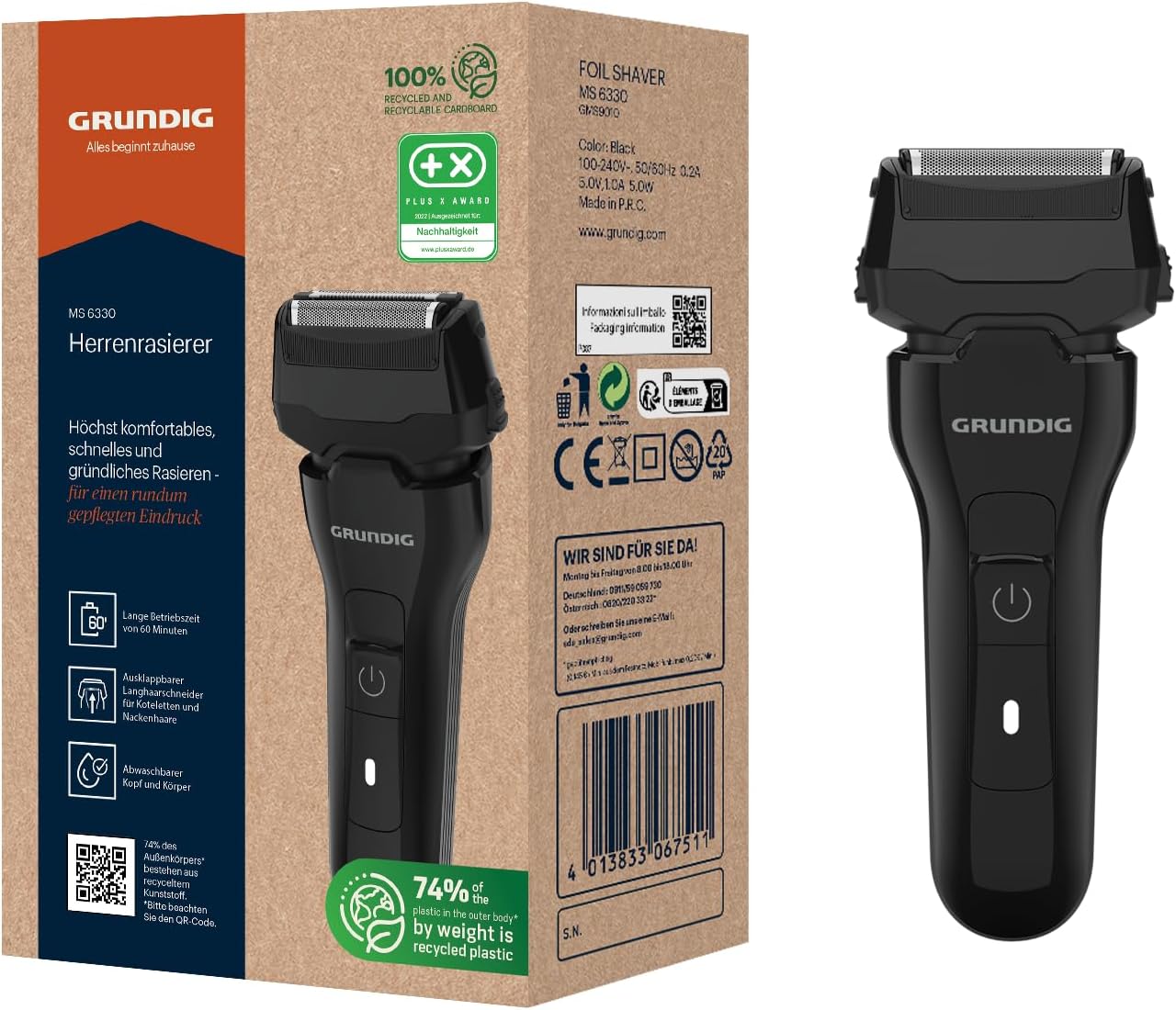 GRUNDIG MS 6330 Herrenrasierer, 60 Min Betriebszeit, Ausklappbarer Langhaarschneider, 3-fach Schneidsystem, Gehäuse aus 74% recyceltem Kunststoff, Wel