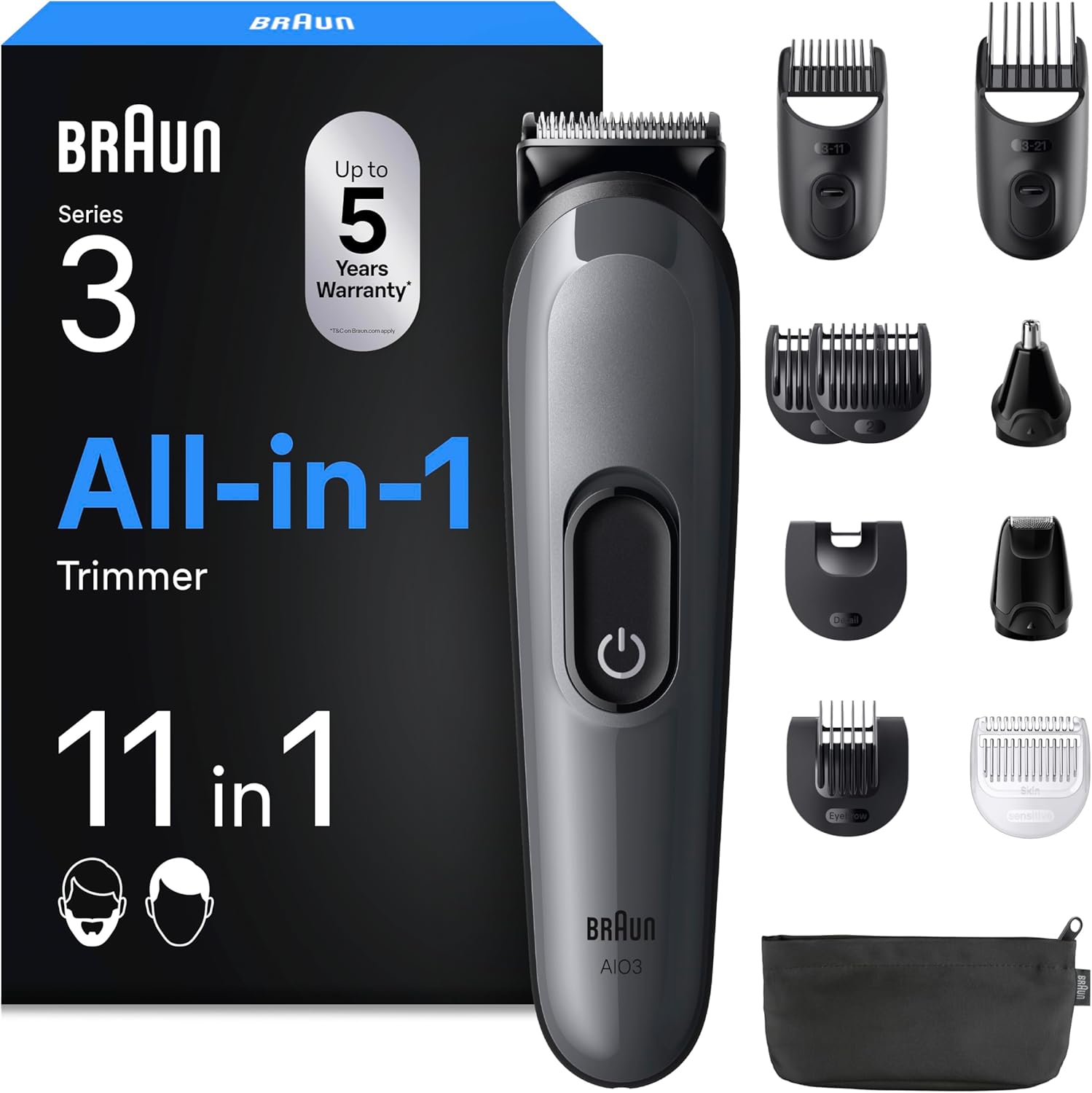 Braun All-in-One Trimmer-Set 3, 11-in-1 Multigroom, Barttrimmer, Nasenhaartrimmer, Haarschneidemaschine für Gesicht und Kopf, 50 Min Akku, 14 Längen (