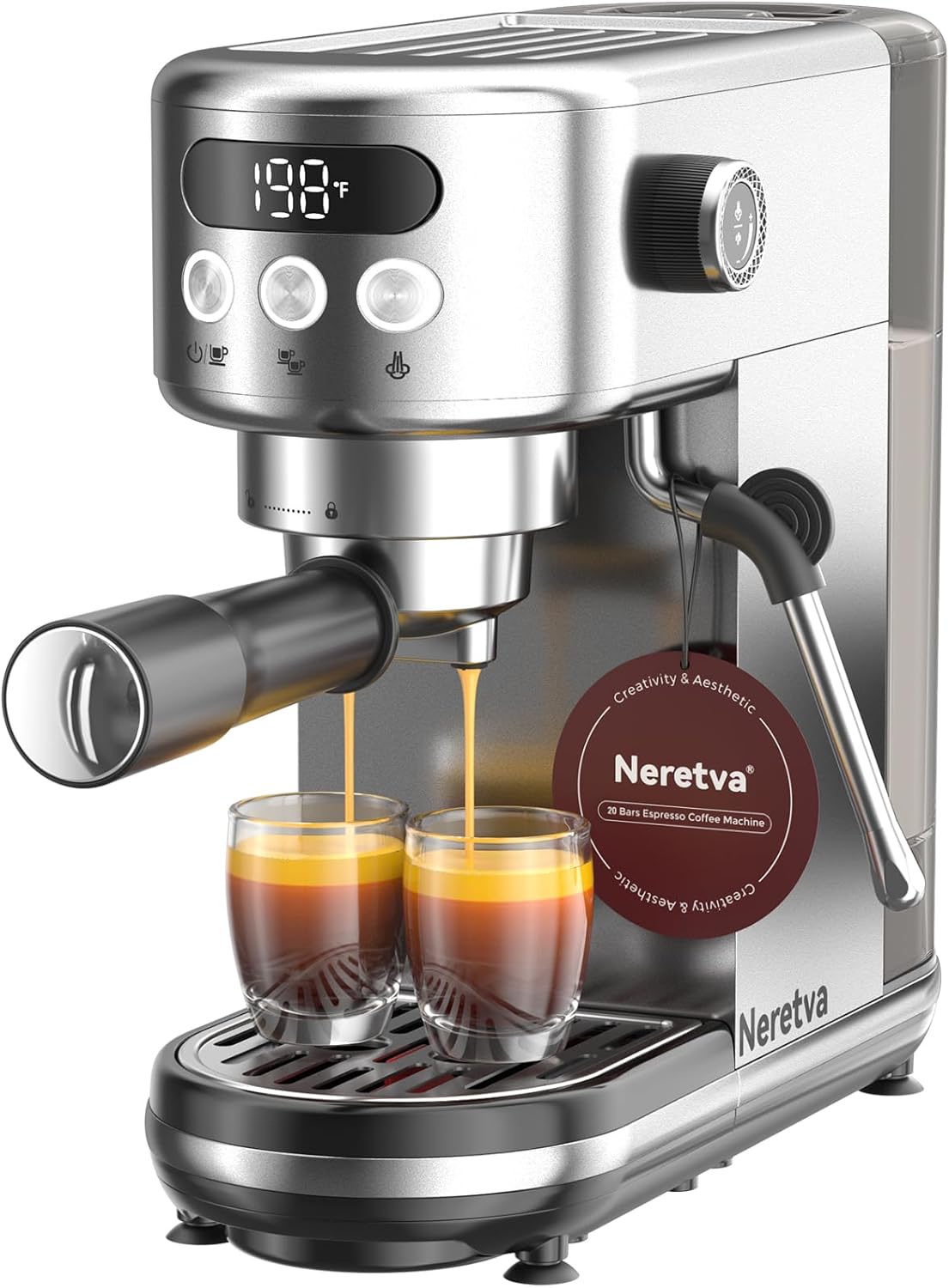 Neretva Siebträgermaschine, 20 Bar Klein Espressomaschine Edelstahl Professionelle Siebträger Kaffeemaschine mit LED-Anzeige &amp; Starker Milchschäum