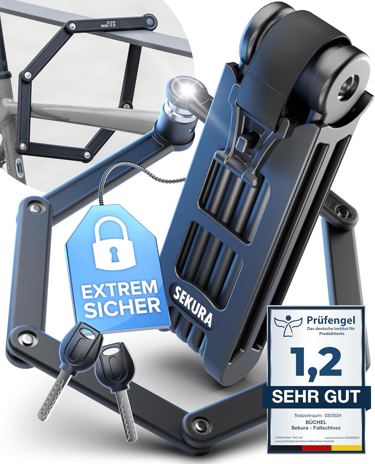 BÜCHEL Sekura Faltschloss Fahrrad | Sicherer Diebstahlschutz | Gehärteter Stahl | 85 cm Länge | Inkl. Halterung | Fahrradschloss für Bike, E-Bike &amp