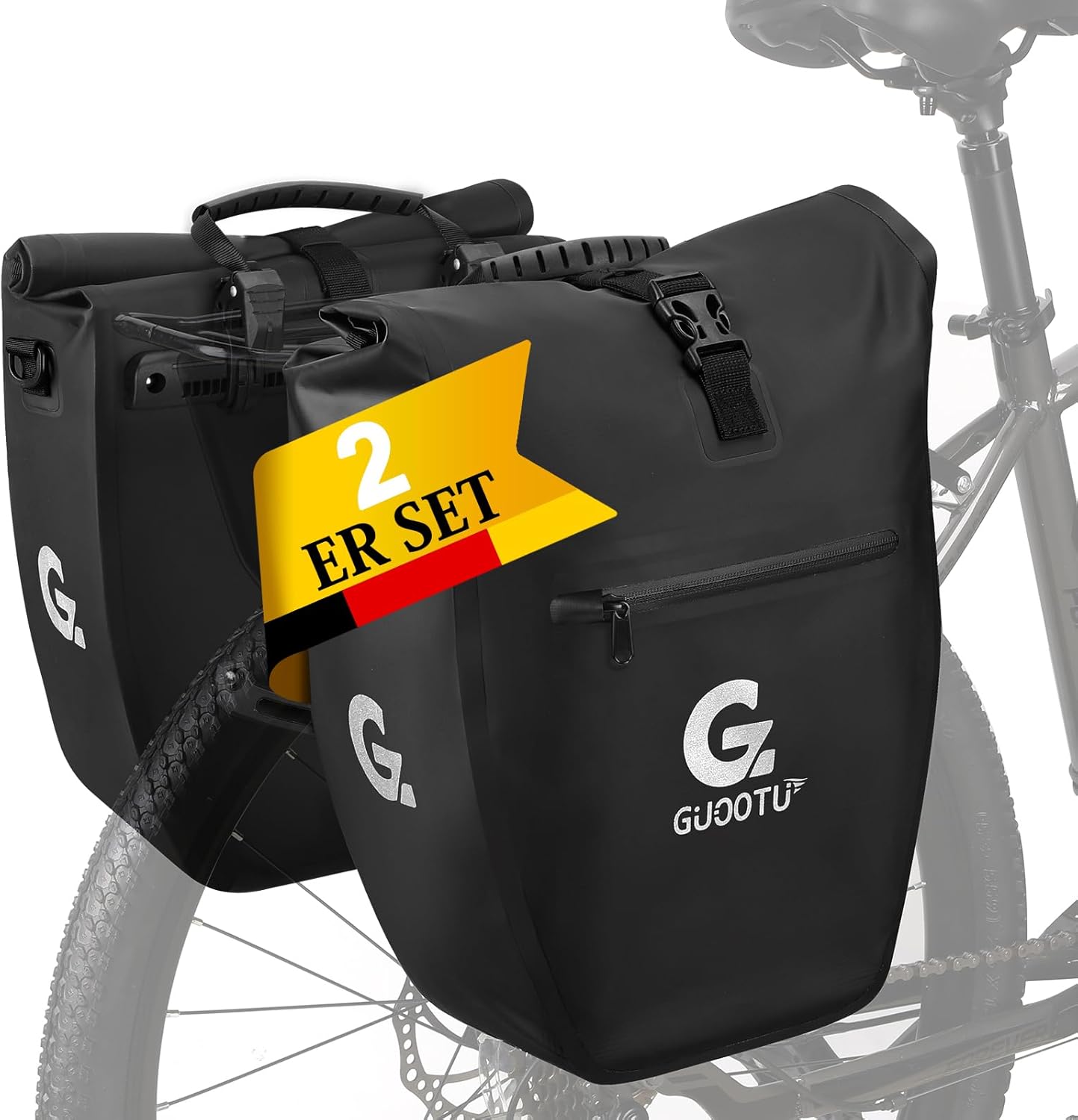2 Er Set Fahrradtasche für Gepäckträger 48L,aus Tarpaulin Hinten Gepäckträgertasche mit Reflektoren, mit Tragegriff und Schultergurt(Schwarz 24L, 2er 