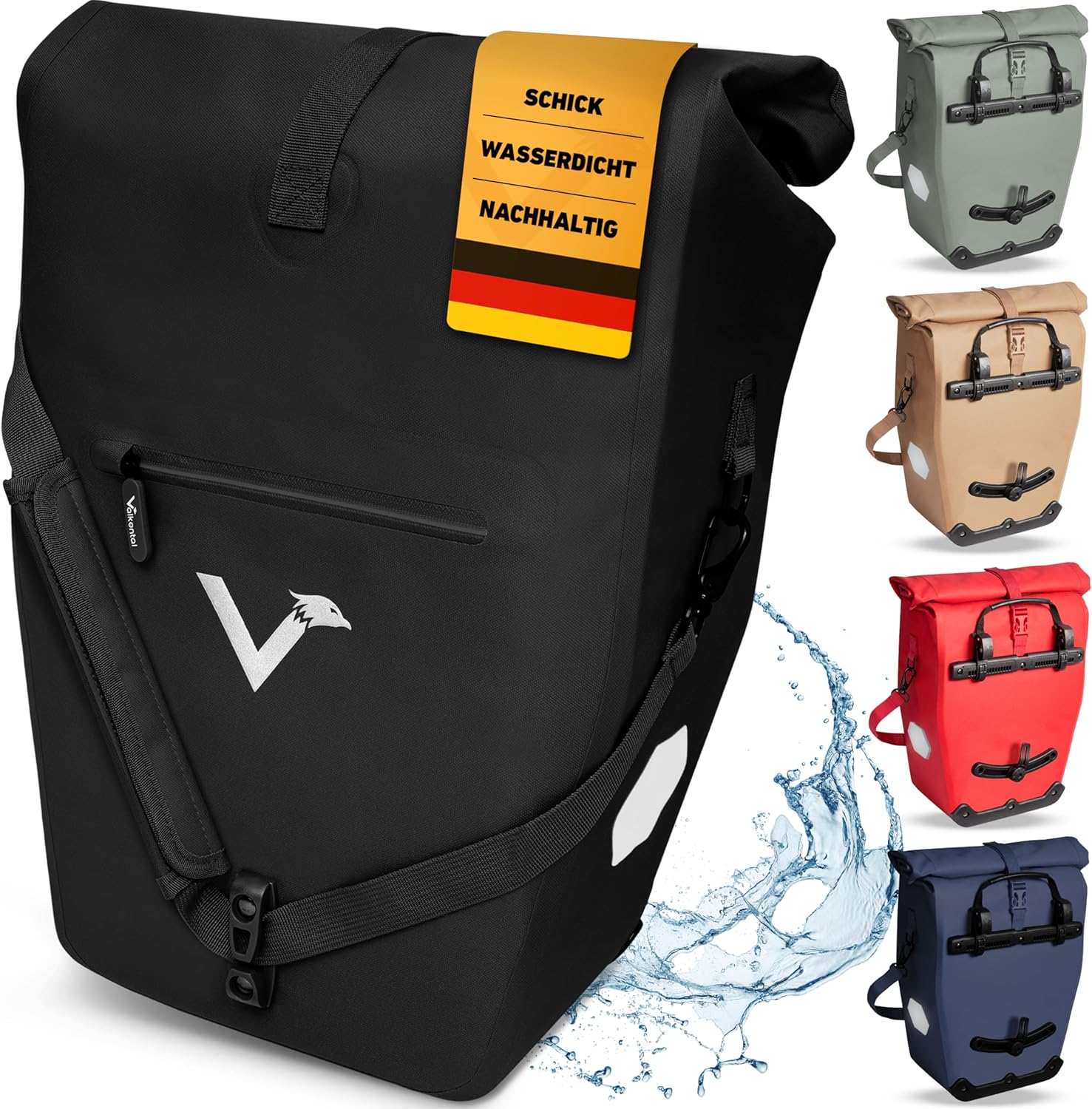 Valkental® Große &amp; wasserdichte Gepäckträgertasche [28L] Abschließbare Befestigung [PVC frei] Fahrradtasche für Gepäckträger mit großen Reflektore