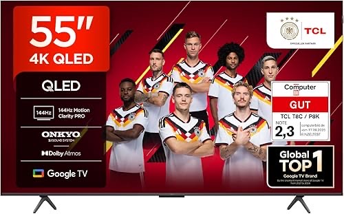 TCL 55T8C 55 Zoll QLED 4K HDR UHD Fernseher, Smart Google Tv Dolby Vision Atmos,144Hz Motion Clarity Pro, Game Bar, ALLM