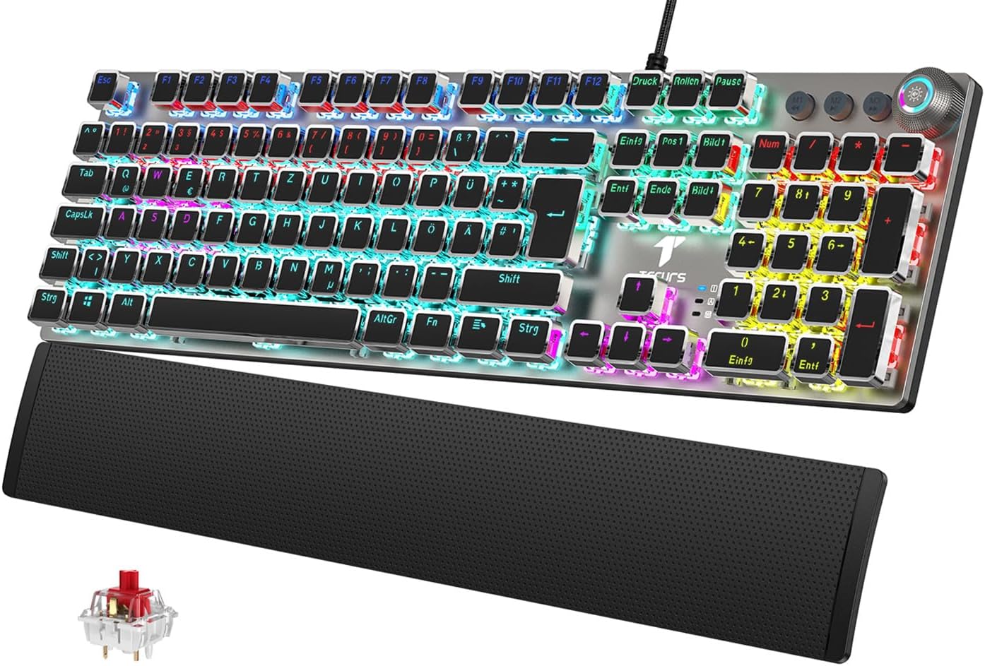 TECURS Mechanische Gaming Tastatur - QWERTZ Mechanical Keyboard mit Magnetische Handgelenkauflage, Multimedia-Tasten, 105 Tasten Kabelgebundene Rote S