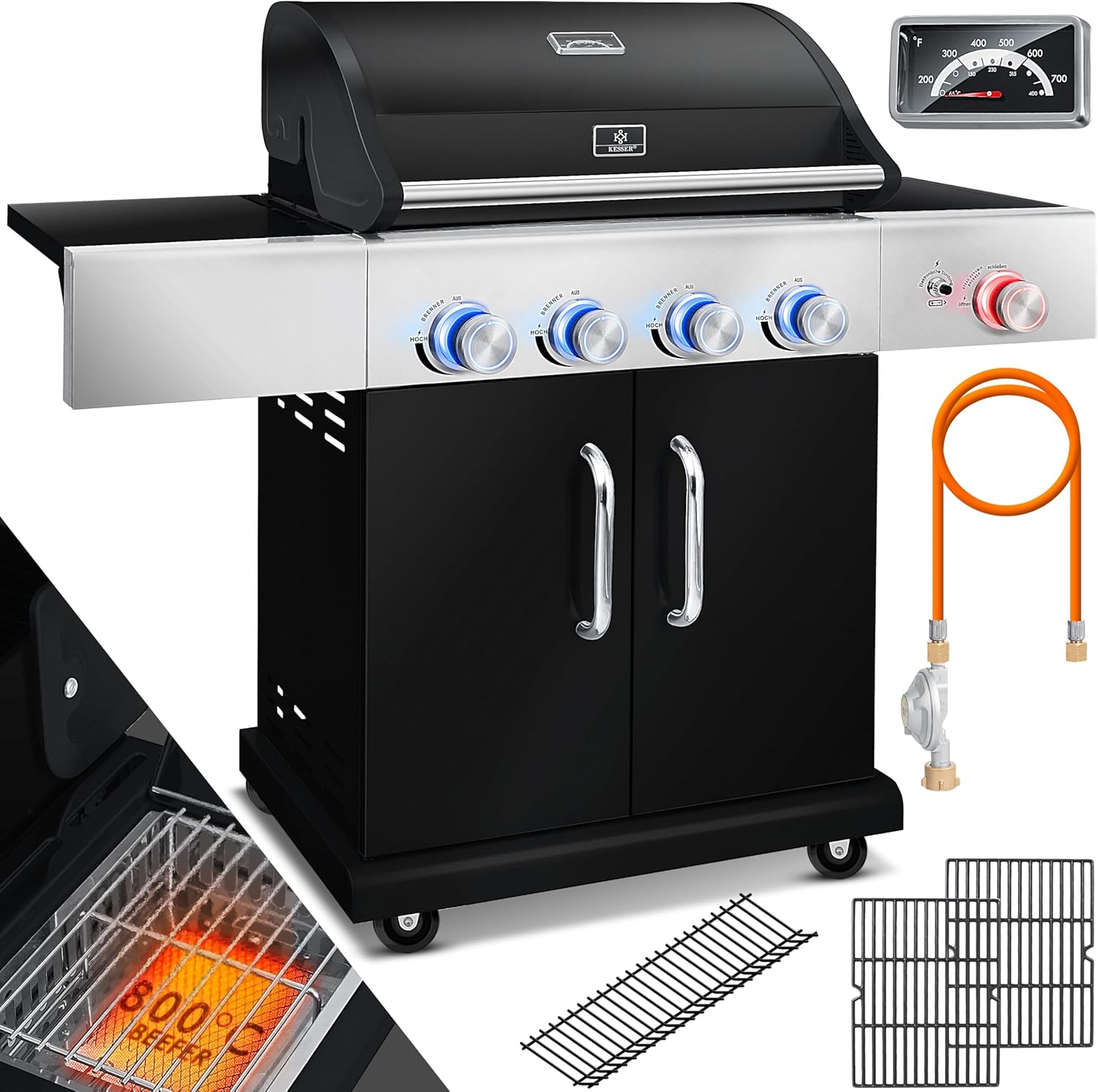 KESSER® Gasgrill mit 4 Brenner + 1x Infrarot Keramik Seitenbrenner & Piezo-Z