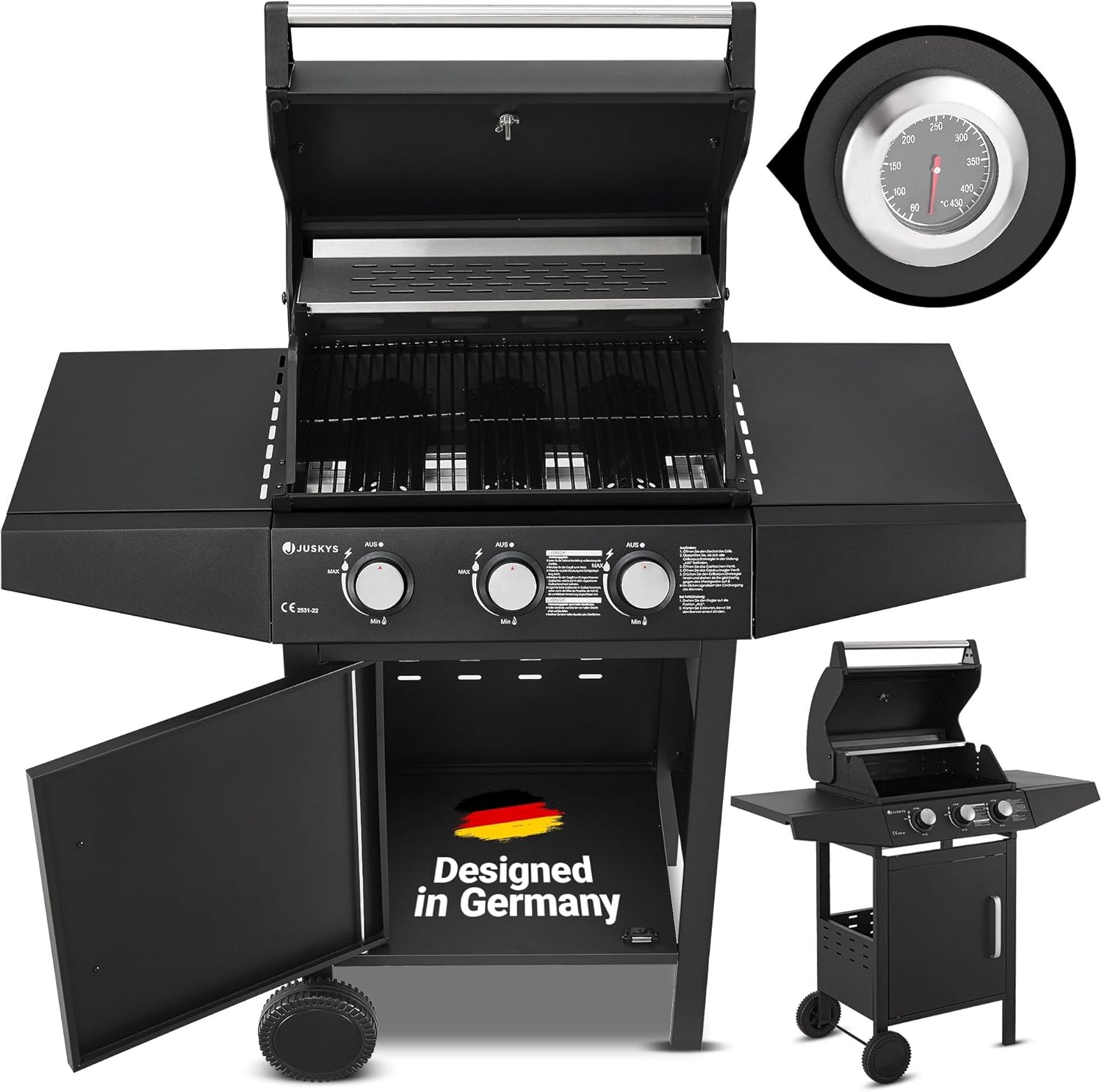Juskys Gasgrill Louisiana 3 Brenner 8,1 kW – BBQ Grillwagen mit Deckel, Grillros