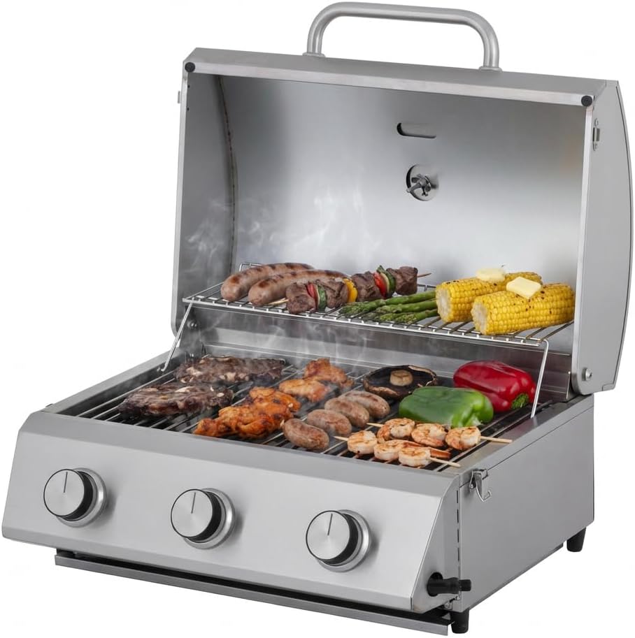 Tarrington House Tisch-Gasgrill CATHAN, 3-Brenner-Gasgrill, Grillrost edelstahl. Stahl/Edelstahl, Tischgrill für Outdoor, Balkon, Camping, silber