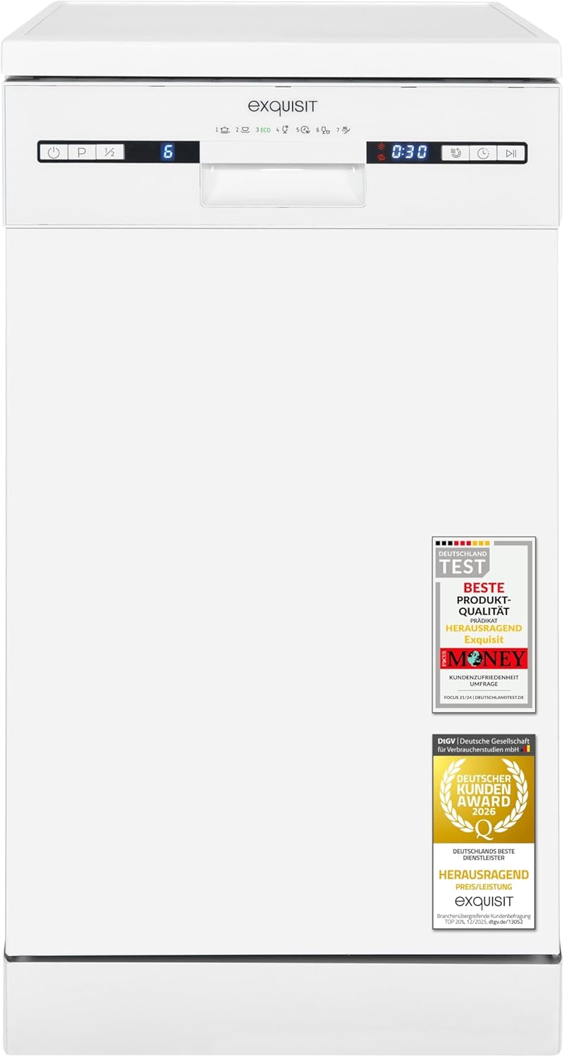Exquisit Geschirrspüler | 9 Maßgedecke, Energieklasse E, 49 dB Geräusch | 7 Programme, Extra-Trocknung, Startzeitverzögerung, Vorspülen, Power+, Wasse