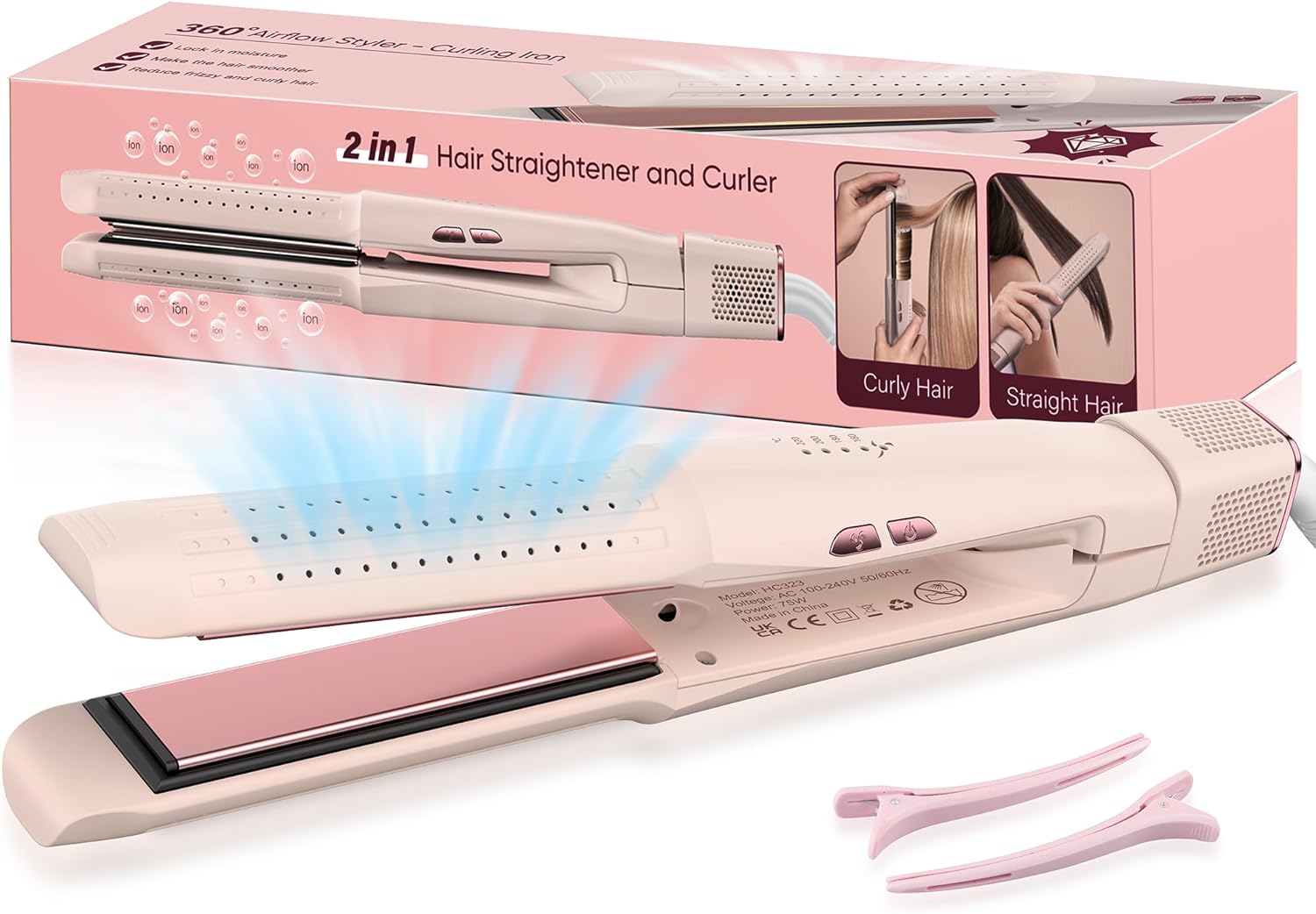 2 in 1 glätteisen locken und glätten, Air Glätteisen mit 360°Kühlungsluft zur schnelleren Fixierung von Locken, haarglätter mit luft, air haarglätter,