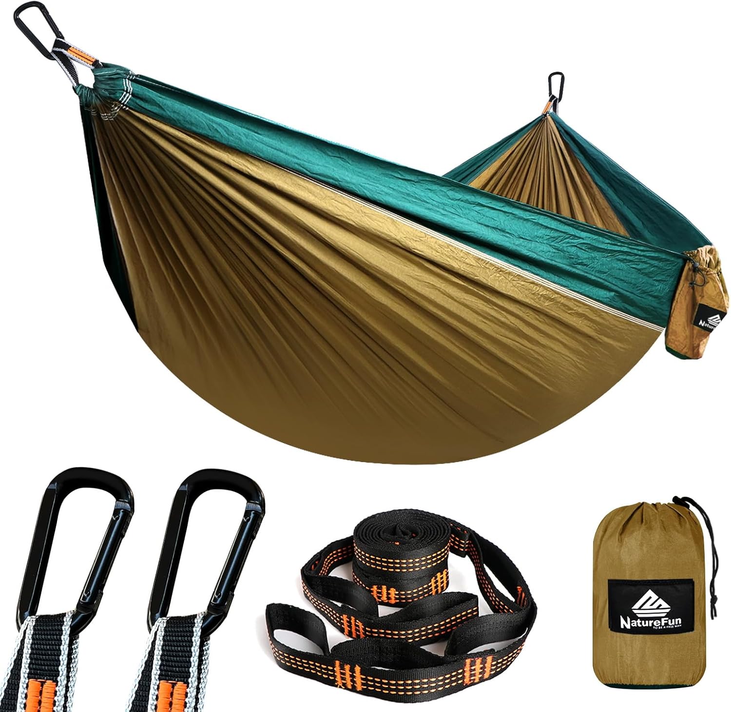 NATUREFUN Ultraleichte Reise Camping Hängematte | 300kg Tragkraft (275 x 140 cm) Atmungsaktiv, Schnelltrocknendes Fallschirm Nylon | 2 x Premium Karab