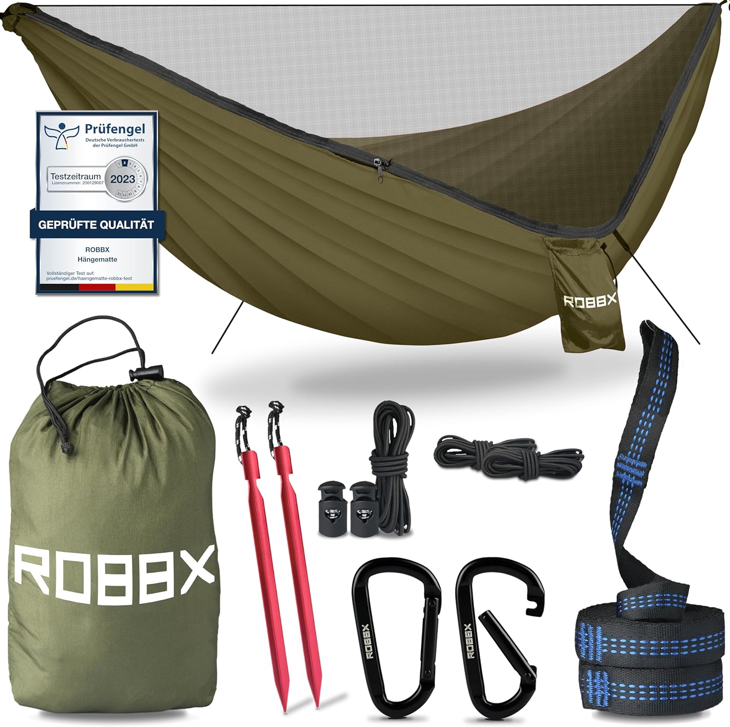 ROBBX® Hängematte Outdoor mit Moskitonetz für 2 Personen | 300kg Traglast | Dopp