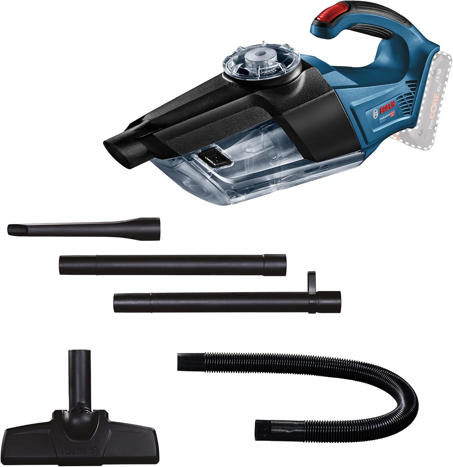 Bosch Professional 18V System Akku Handstaubsauger Gas 18V-1 (inkl. Absaugrohr, Fugendüse, Teppichdüse, Behältervolumen 1 Liter, ohne Akku/Ladegerät)