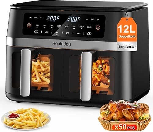 12L Heißluftfritteuse 2 Kammern mit Sichtfenster,12-in-1 Airfryer Doppelkammer mit 50 Stück Papiereinlagen Dual Zone Dig